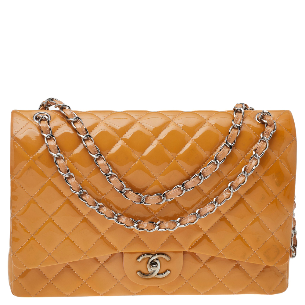 Chanel Caramel Quilted Patent Leather Large Classic Double Flap Bag