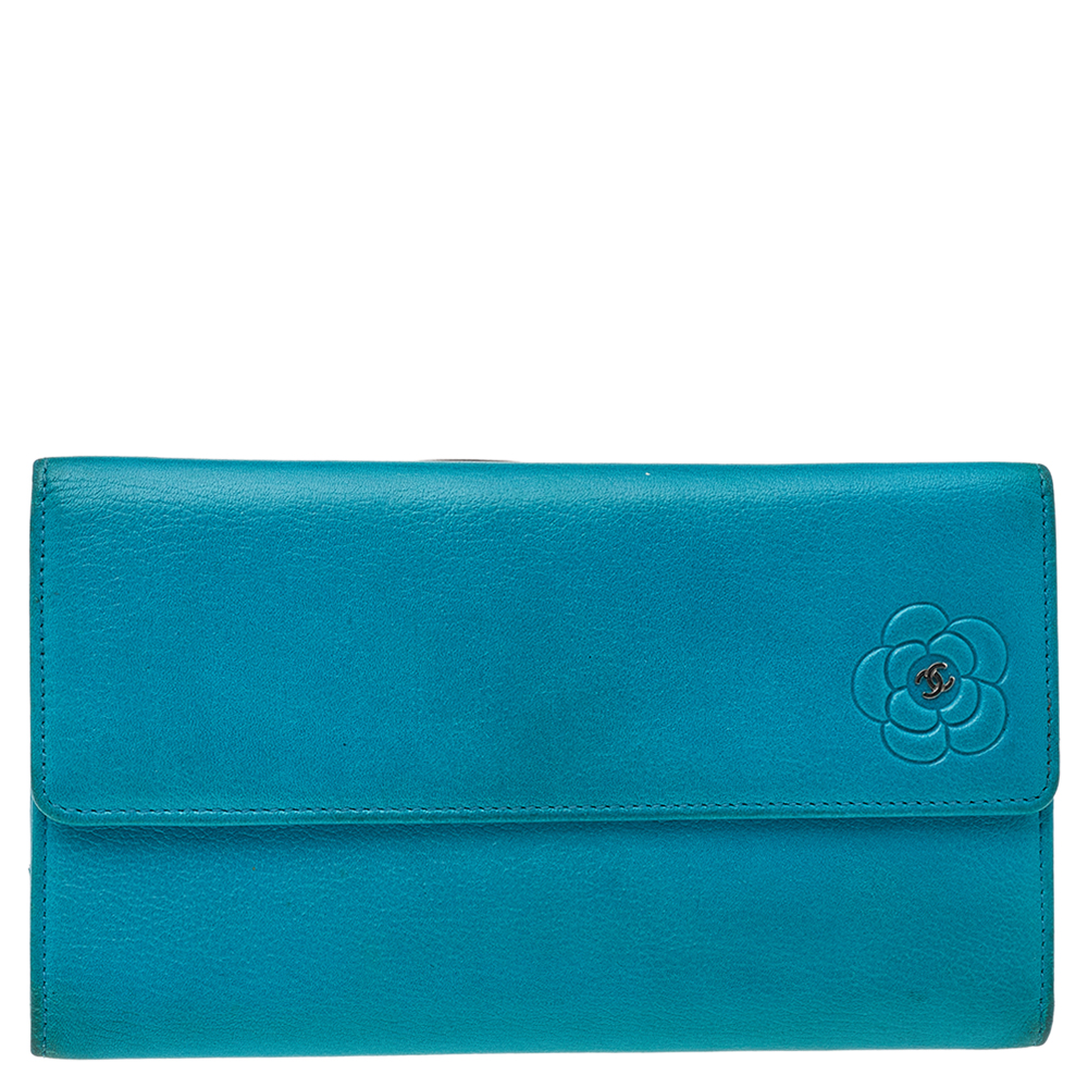 Chanel Turquoise Leather CC Camellia Flap Continental Wallet