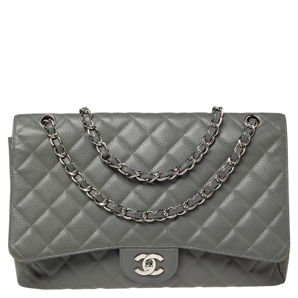 Chanel Grey Quilted Caviar Leather Maxi Classic Single Flap Bag
