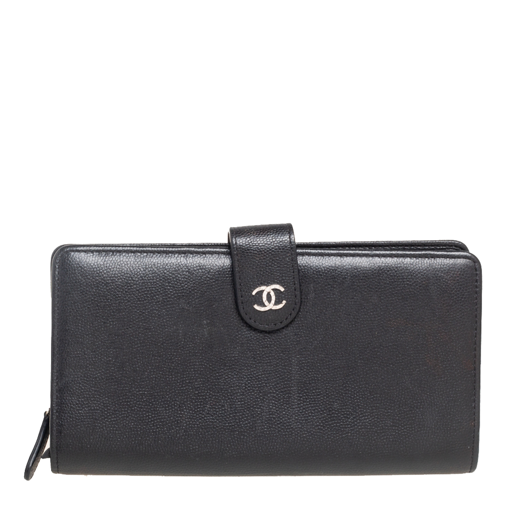 Chanel Black Caviar Leather CC Timeless French Long Wallet