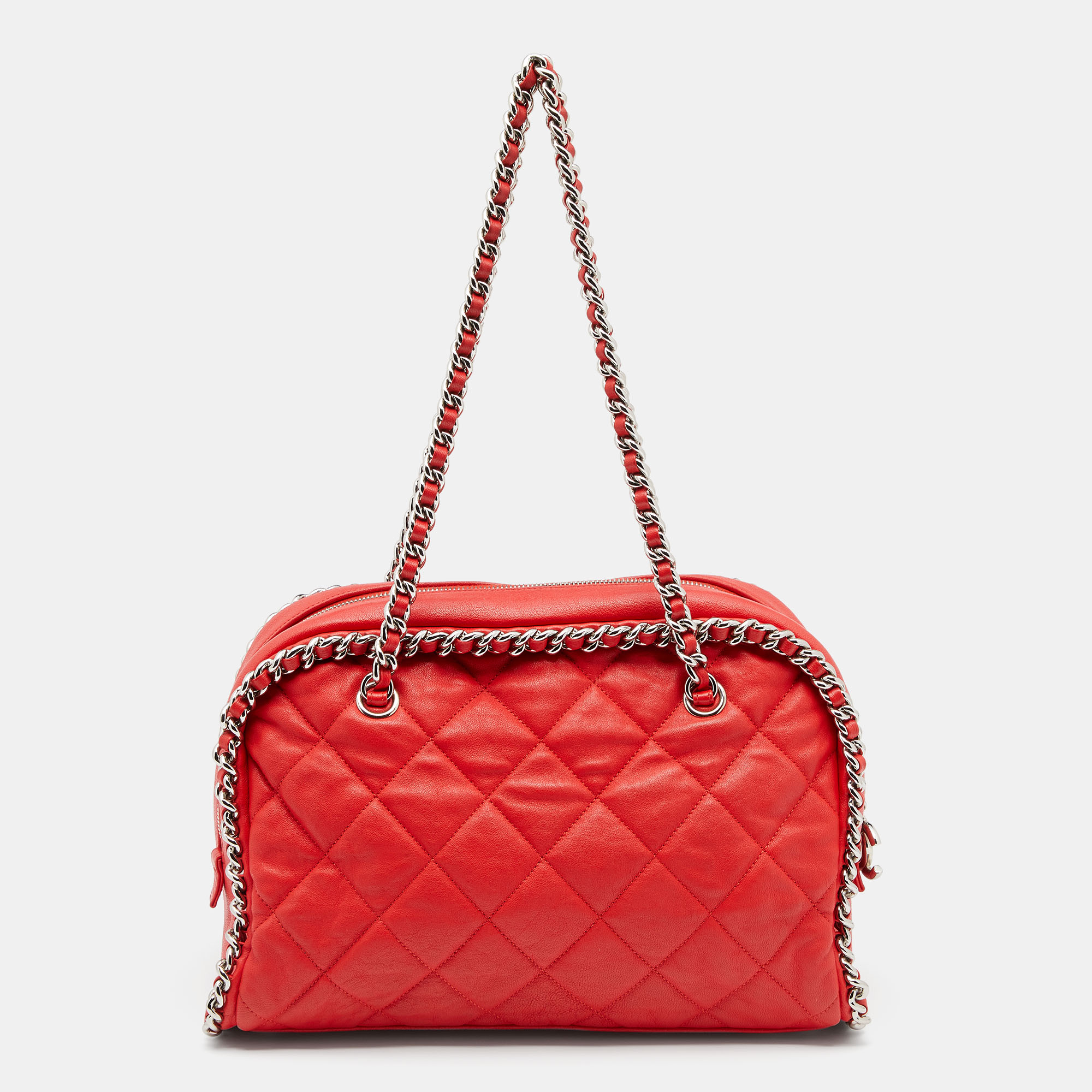 Chanel Red Quilted Leather Chain Around Bowler Bag