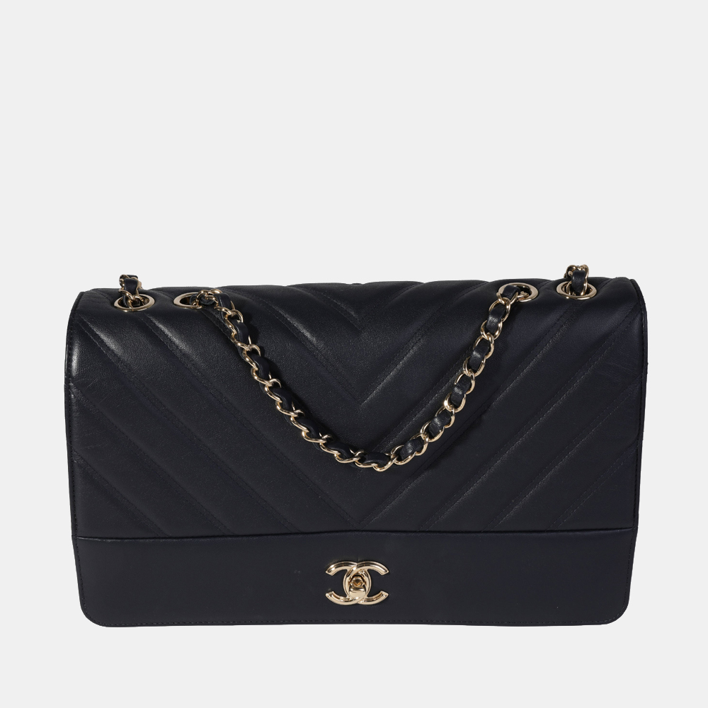 Chanel Black Chevron Quilted Leather Single Flap Bag