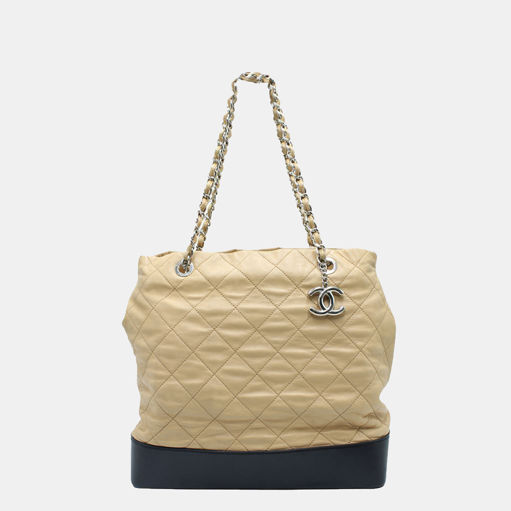 Chanel beige and black quilted tote bag