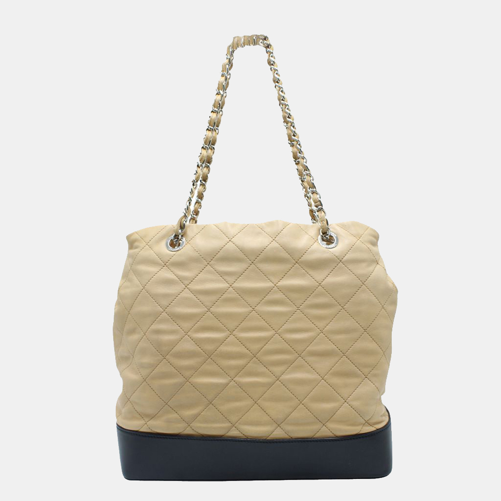 Chanel Beige And Black Quilted Tote Bag