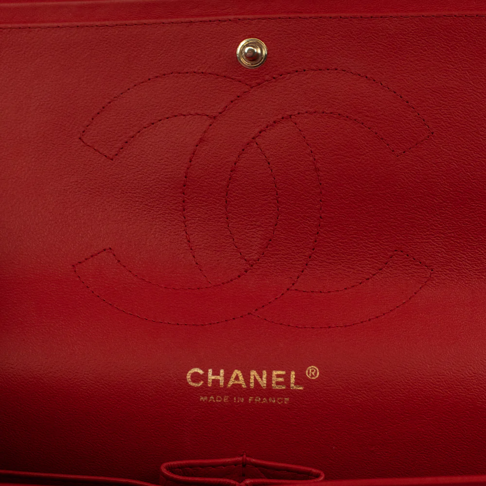 Chanel Red Lambskin Leather Timeless Jumbo Double Flap Shoulder Bag
