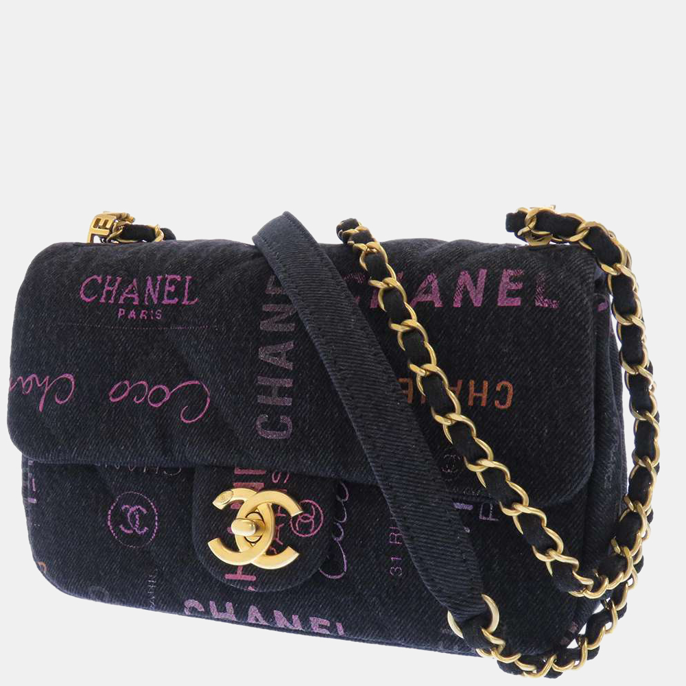 Pre Owned Chanel Black Print Denim Small Flap Shoulder Bag Modesens