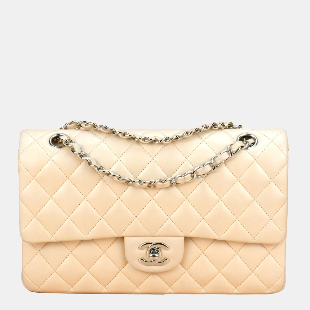Chanel beige lambskin leather medium classic double flap 2009 shoulder bag