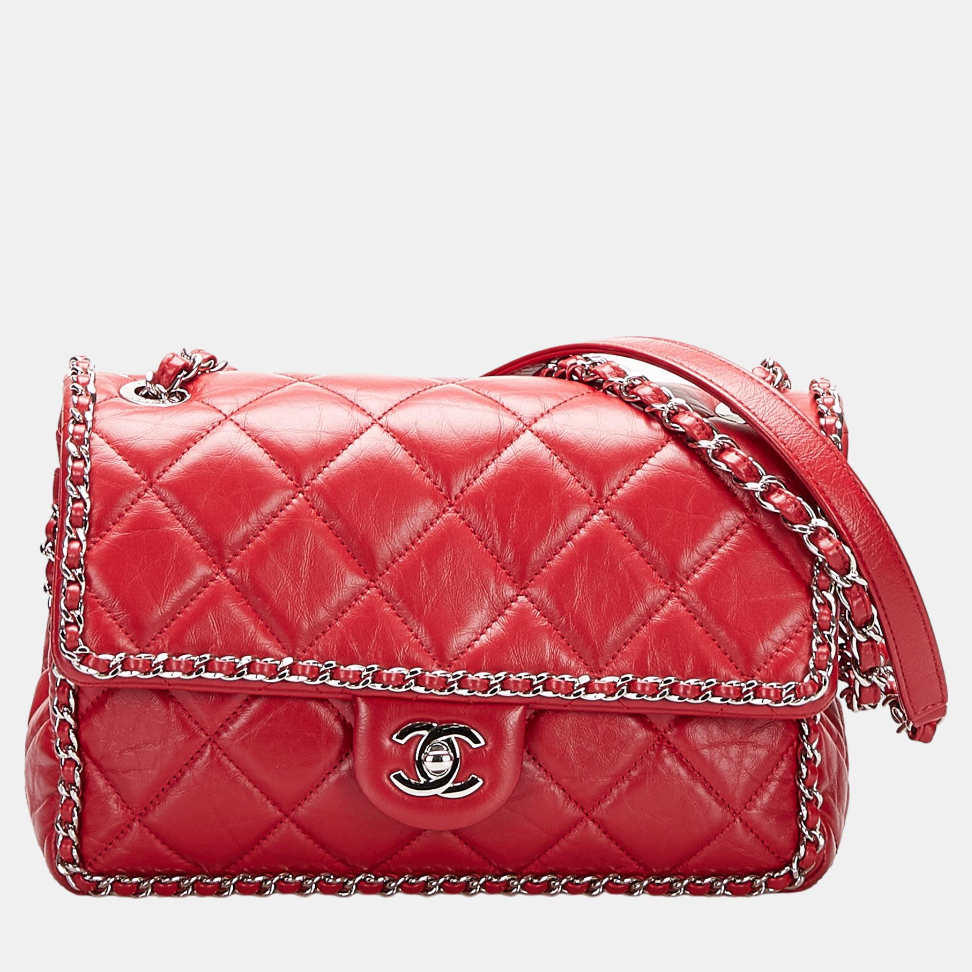 Chanel red crumpled chain all over flap