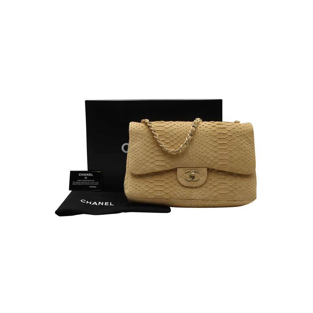 Chanel Beige Python Leather Jumbo Classic Double Flap Shoulder Bag