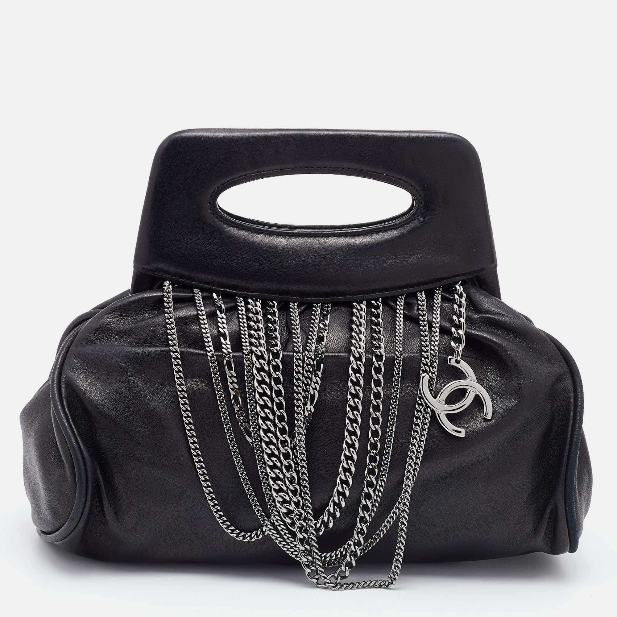 Chanel Black Leather Charm Chain Clutch