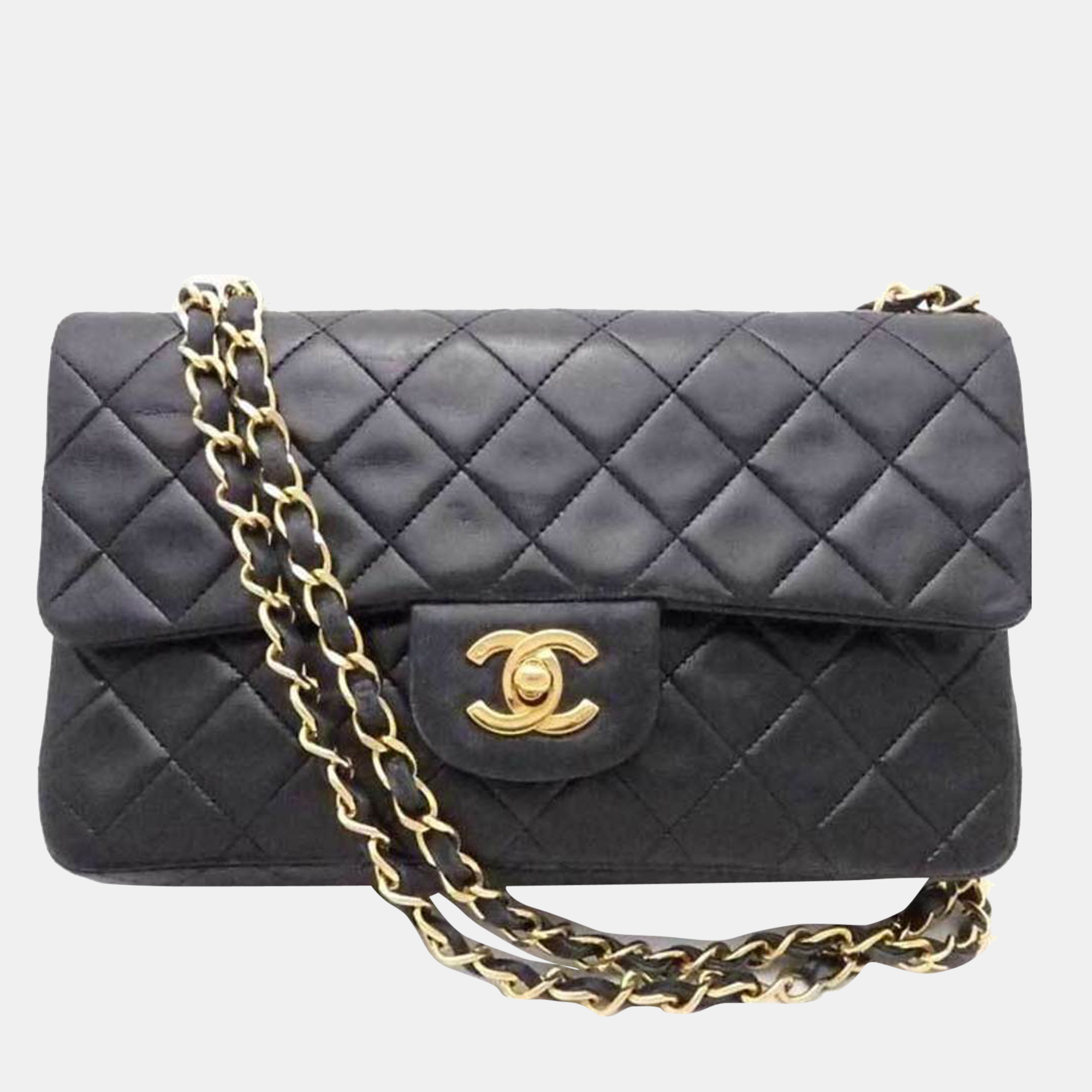 Chanel black leather small classic double flap shoulder bag