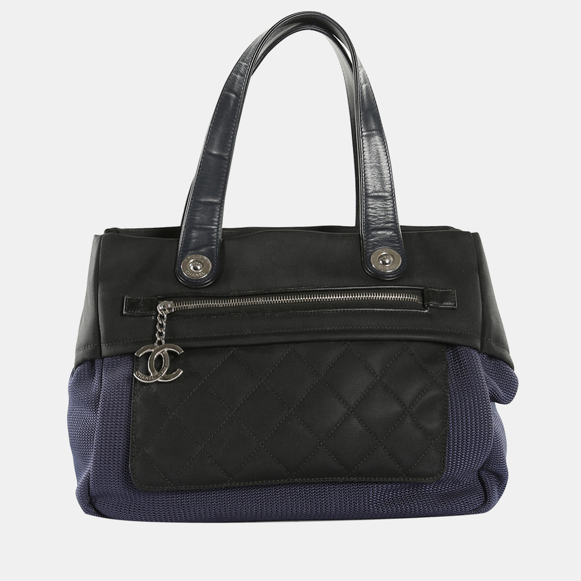 Chanel Navy Blue/Black Knit & Canvas Tote Bag