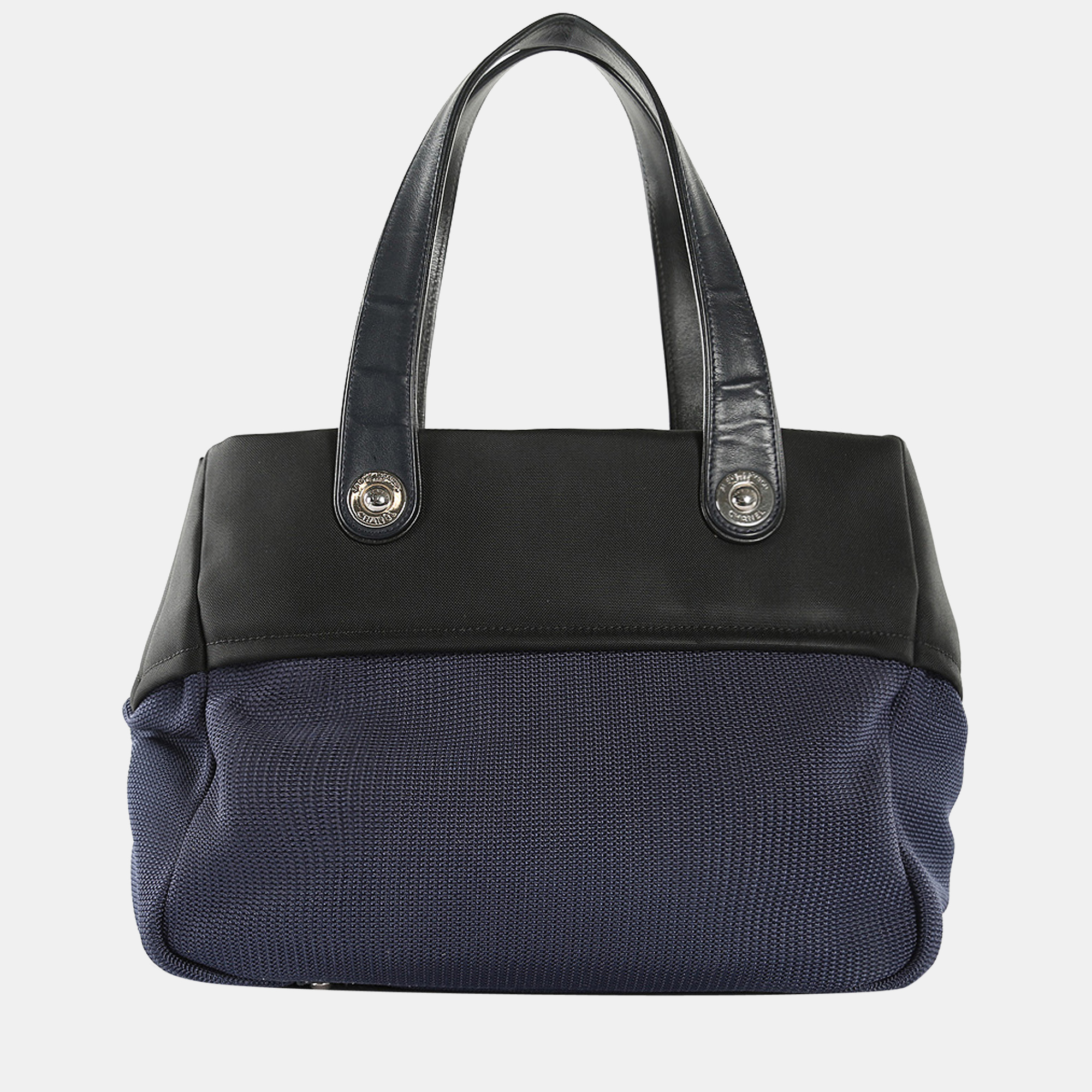 Chanel Navy Blue/Black Knit & Canvas Tote Bag