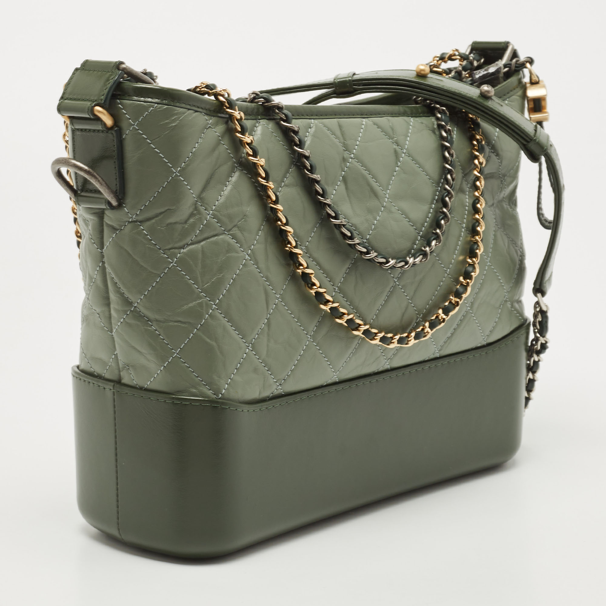 Chanel Two Tone Green Quilted Aged Leather Medium Gabrielle Hobo