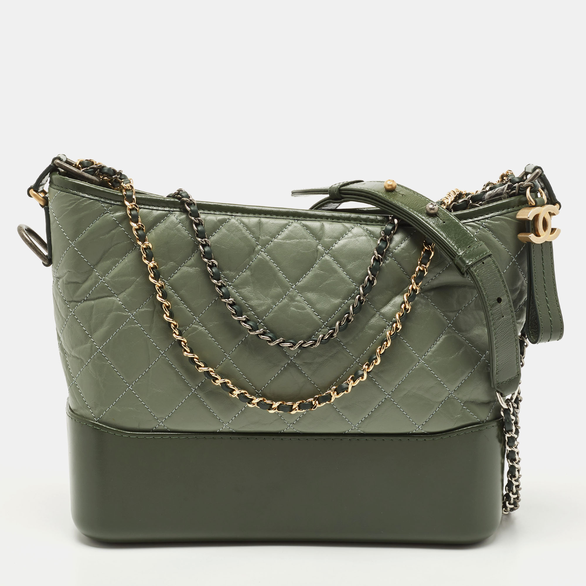 Chanel Two Tone Green Quilted Aged Leather Medium Gabrielle Hobo