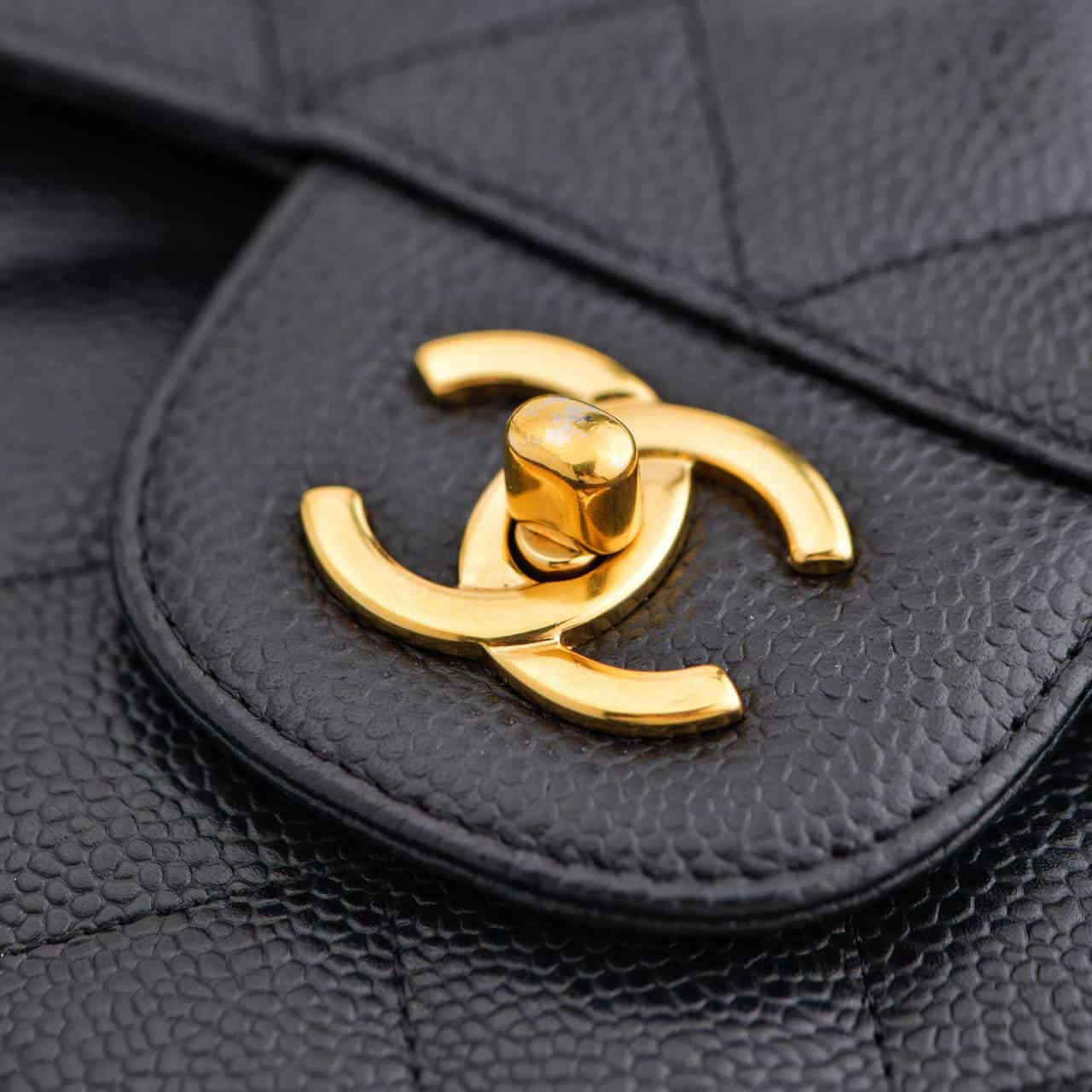 Chanel Jumbo Black Calfskin Caviar Double Flap Bag With GHW