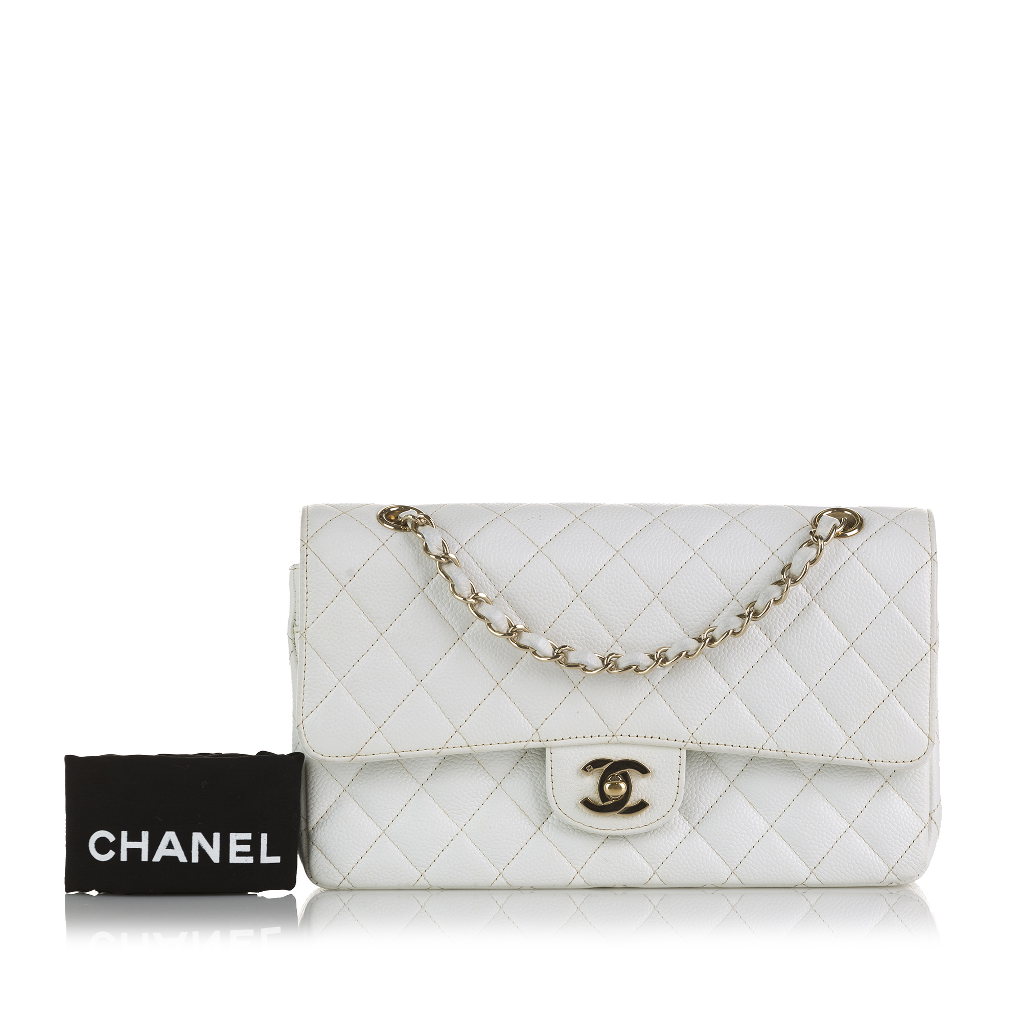 Chanel White Medium Classic Caviar Leather Double Flap Bag