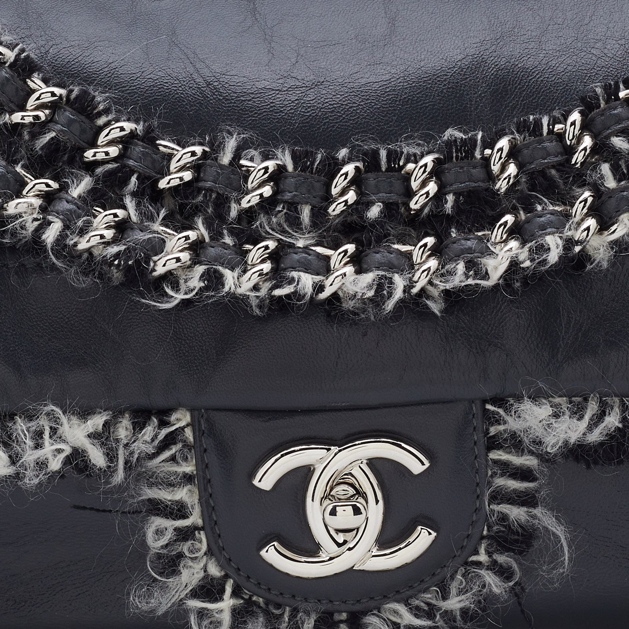 Chanel Grey Leather Funny Tweed Flap Shoulder Bag