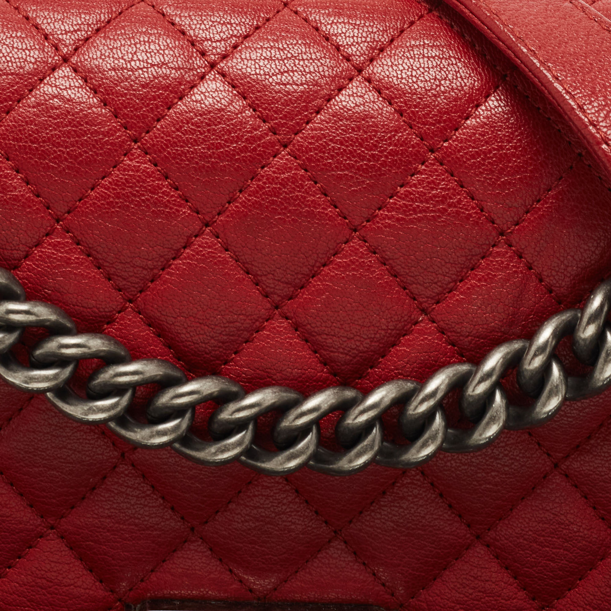 Chanel Red Quilted Leather And Patent Medium Boy Flap Bag
