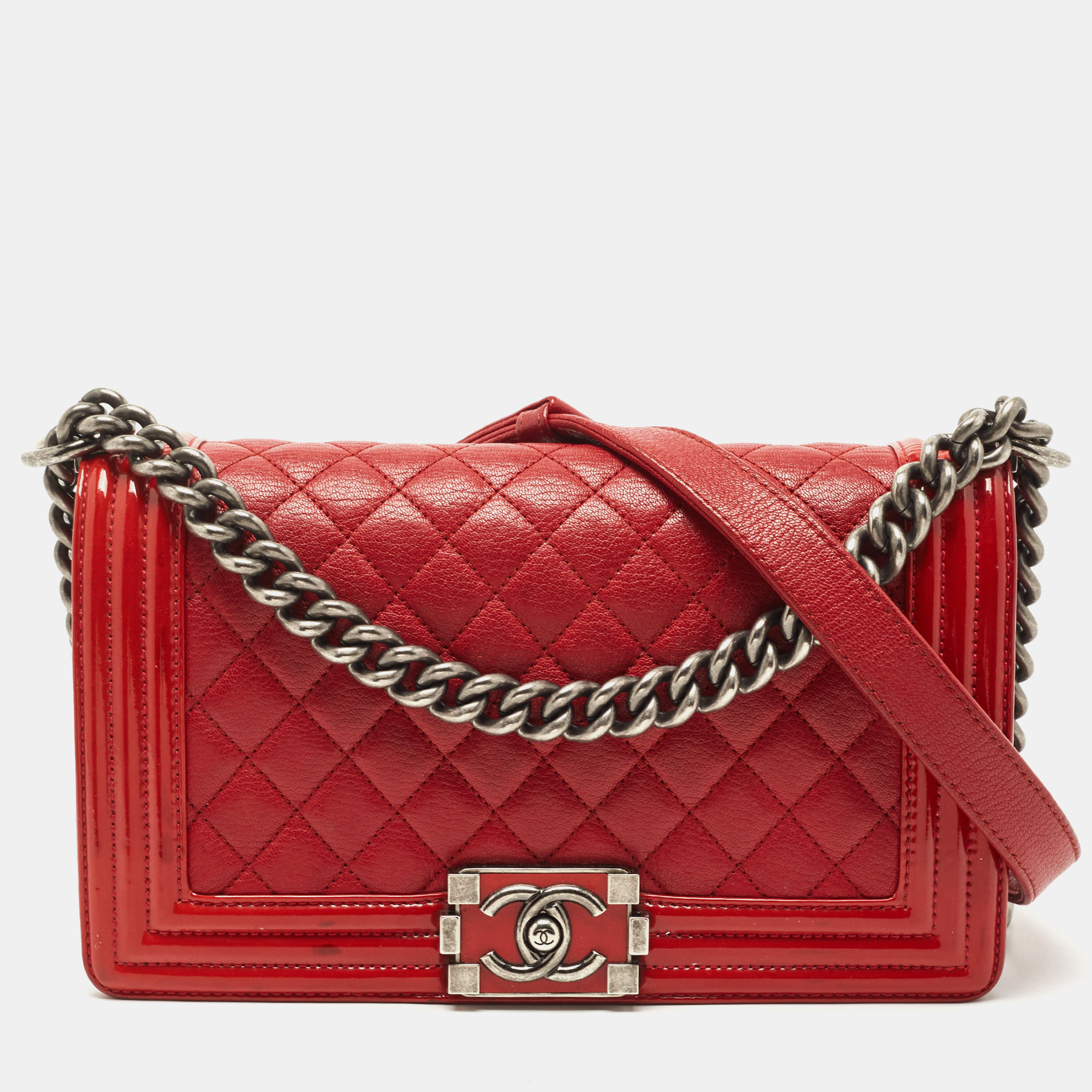 Chanel red quilted leather and patent medium boy flap bag