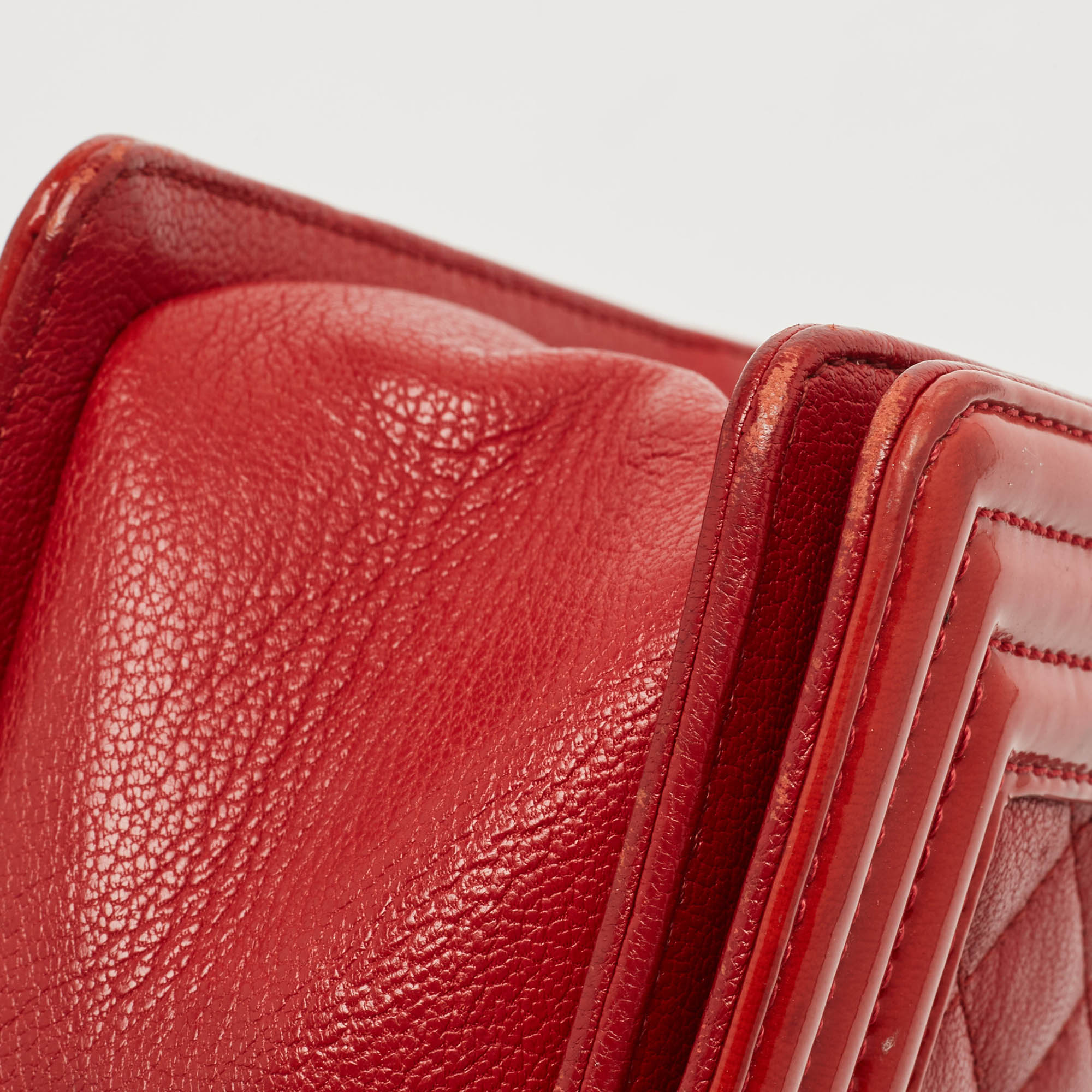 Chanel Red Quilted Leather And Patent Medium Boy Flap Bag