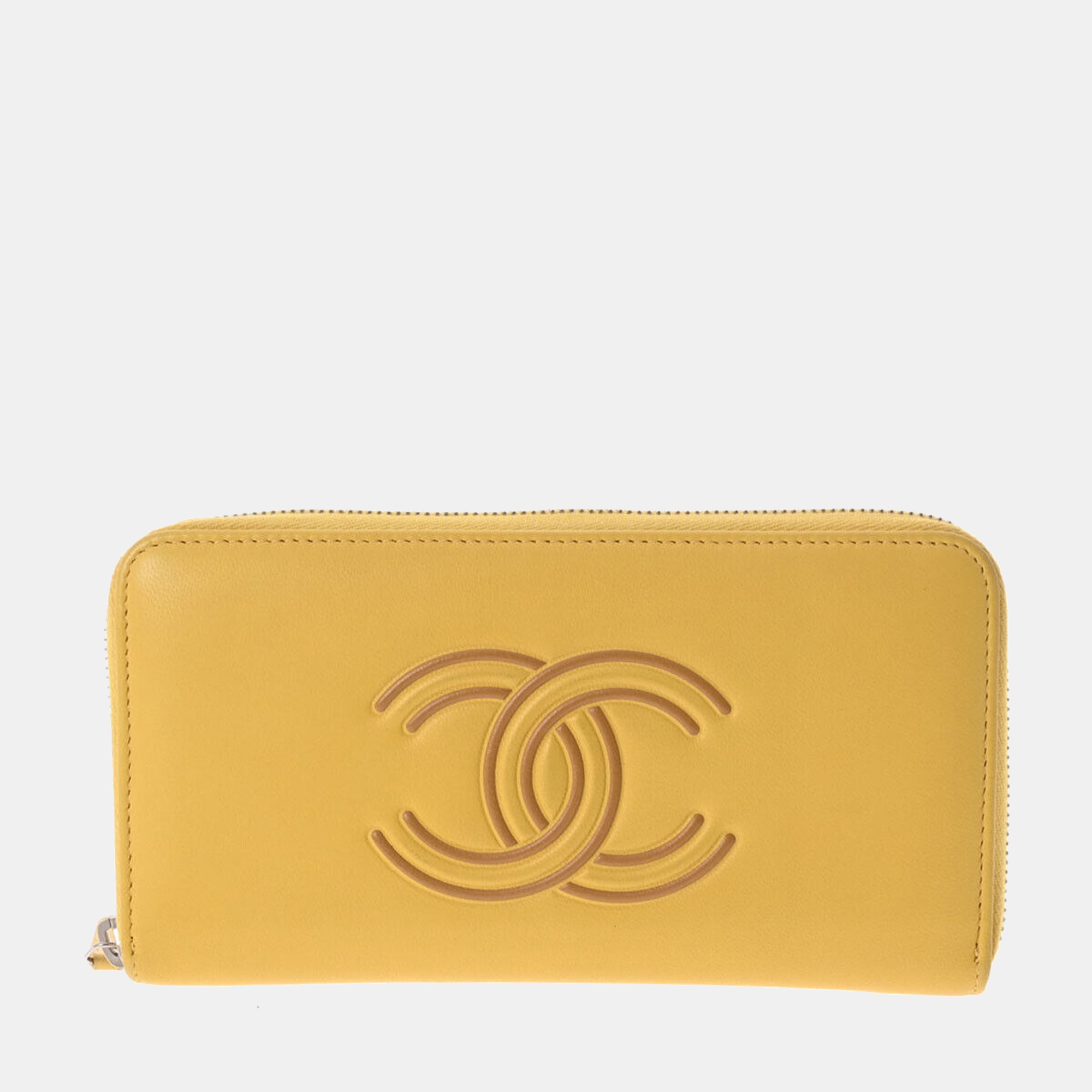 Chanel Yellow Leather CC Zip Around Wallet