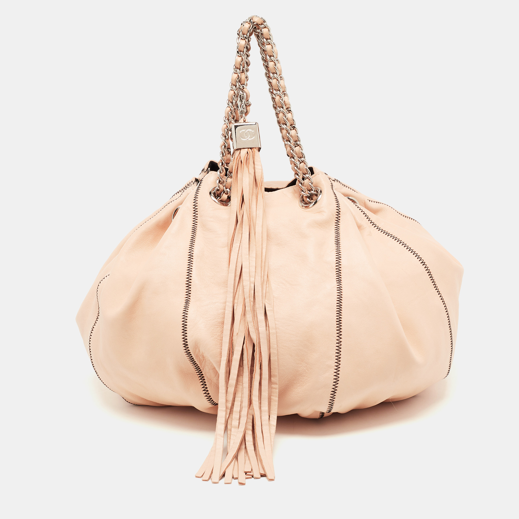Chanel Peach/Black Leather Reversible Drawstring Tassel Bag
