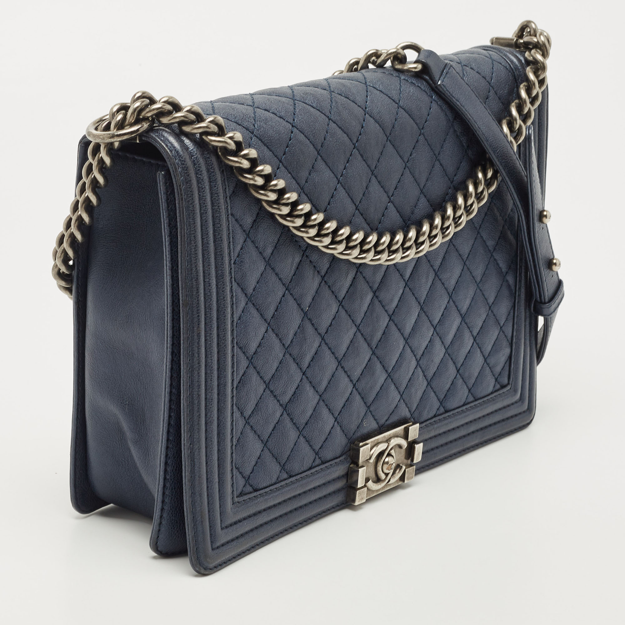 Chanel Navy Blue Quilted Leather Large Boy Flap Bag