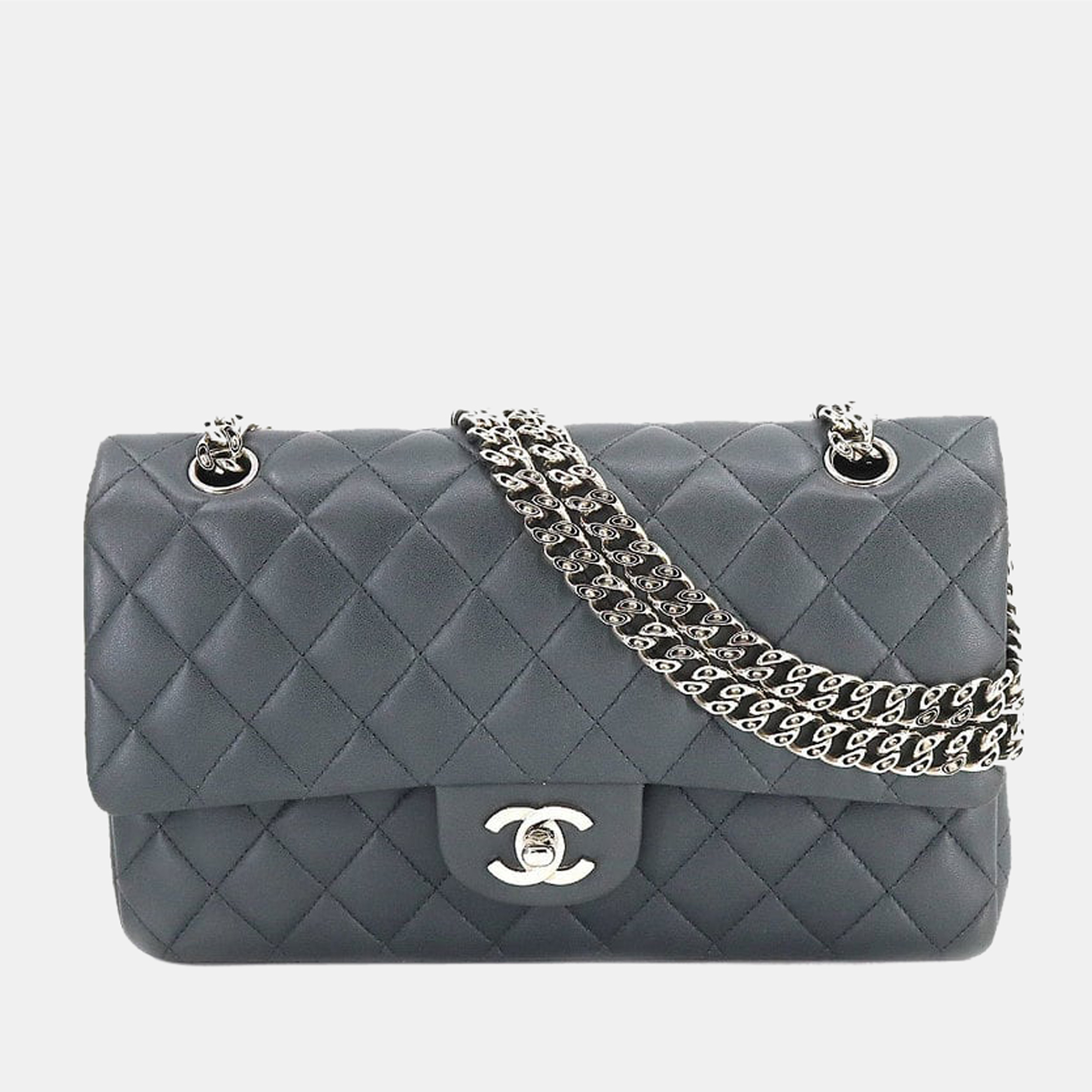 Chanel Grey Leather Medium Classic Double Flap Shoulder Bag