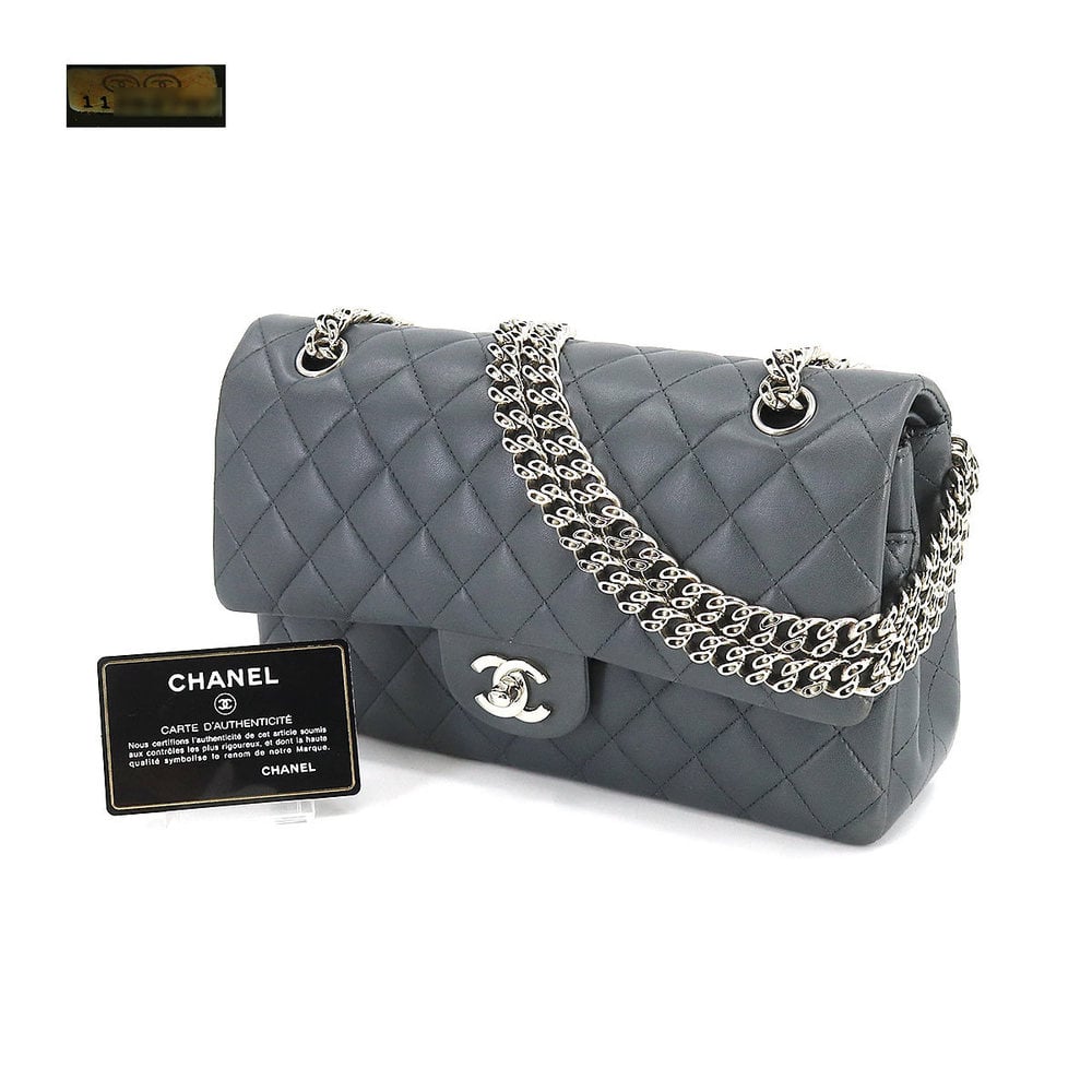 Chanel Grey Leather Medium Classic Double Flap Shoulder Bag