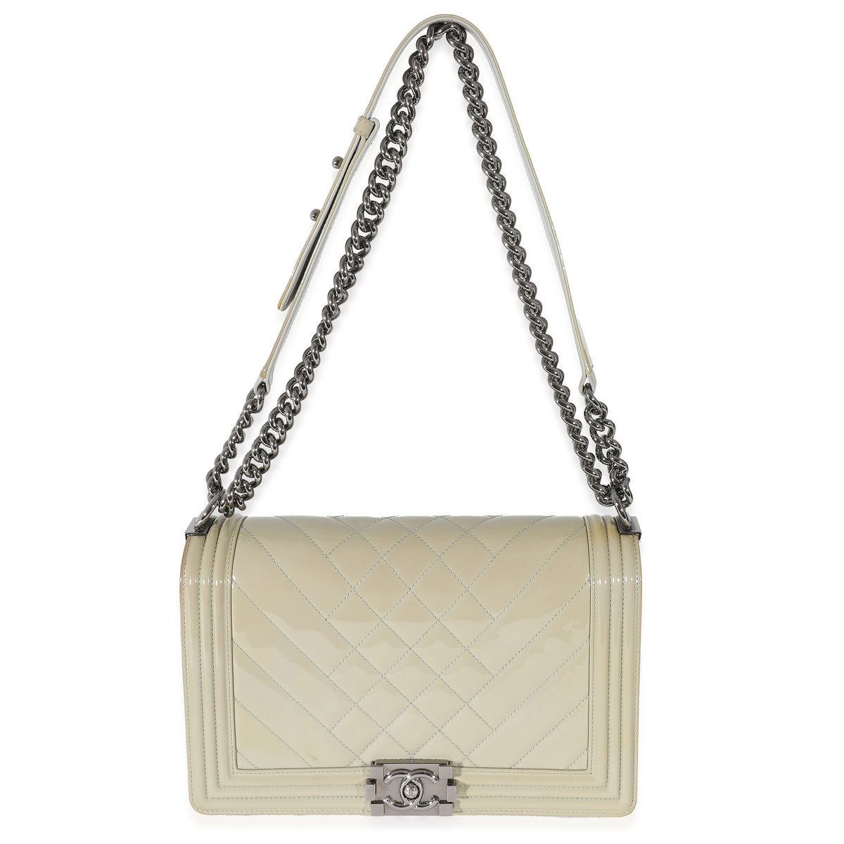 Chanel Grey Patent Leather Quilted Medium Boy Bag