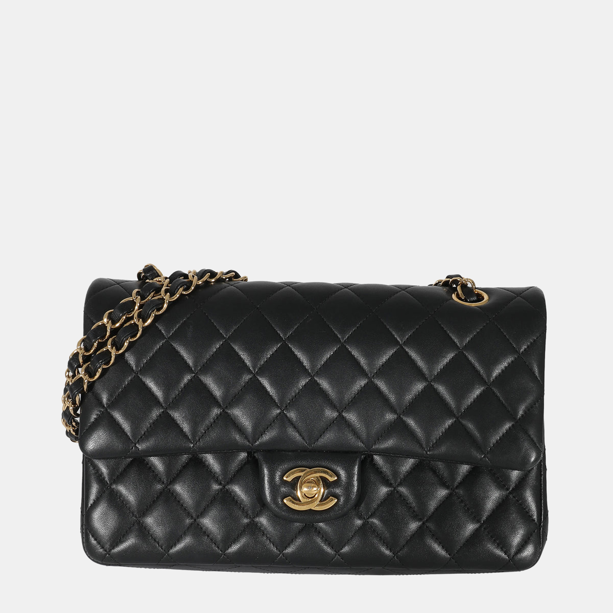 Chanel black lambskin leather medium classic double flap shoulder bag