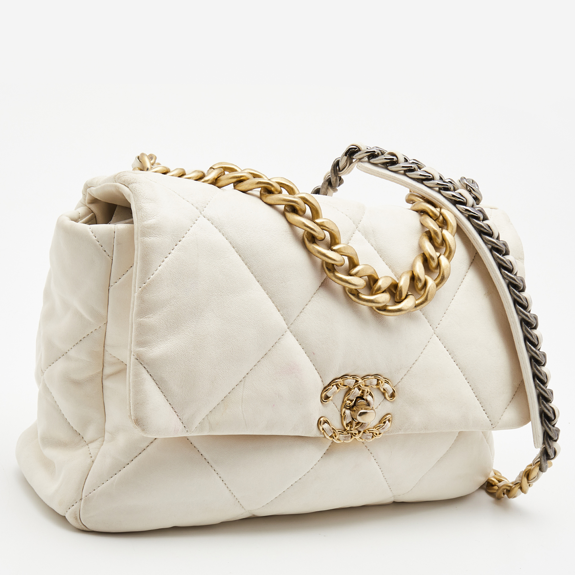 Chanel Off White Quilted Leather Large 19 Flap Bag