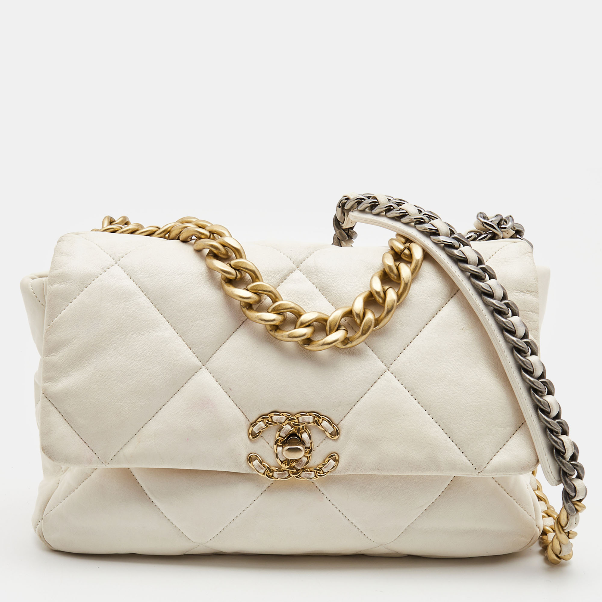 Chanel Off White Quilted Leather Large 19 Flap Bag
