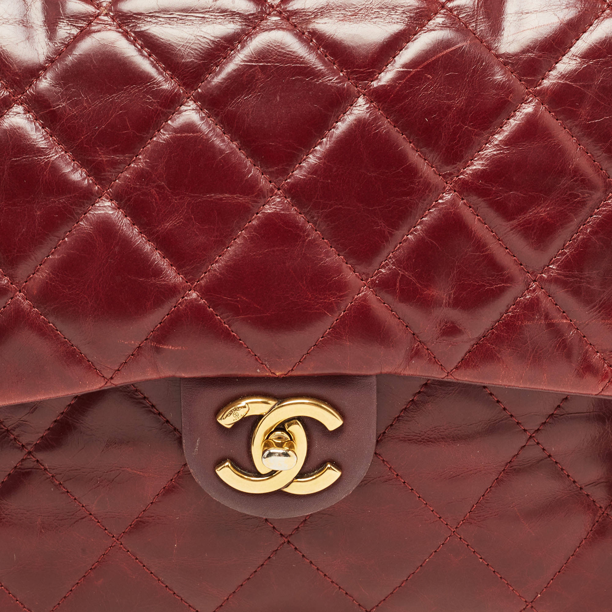 Chanel Burgundy Quilted Leather Gold Bar Top Handle Bag