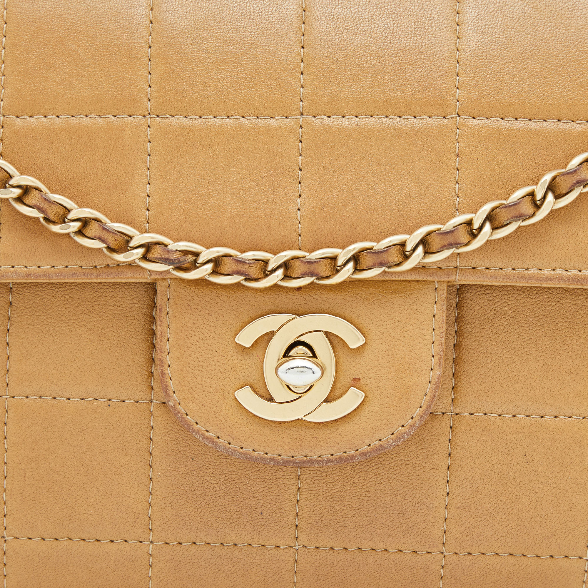 Chanel Beige Chocolate Bar Quilted Leather East West Flap Bag