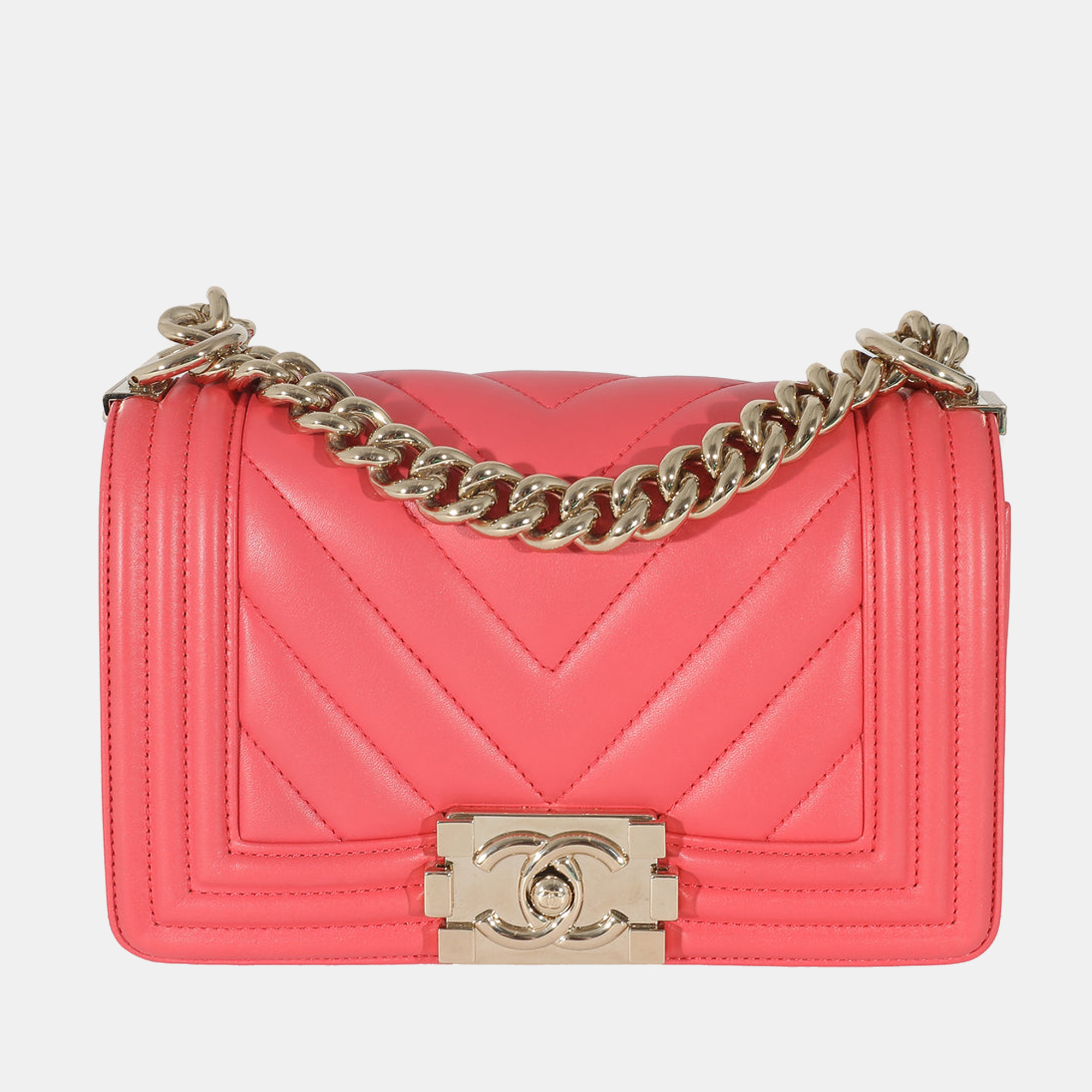 Chanel red chevron quilted small boy bag