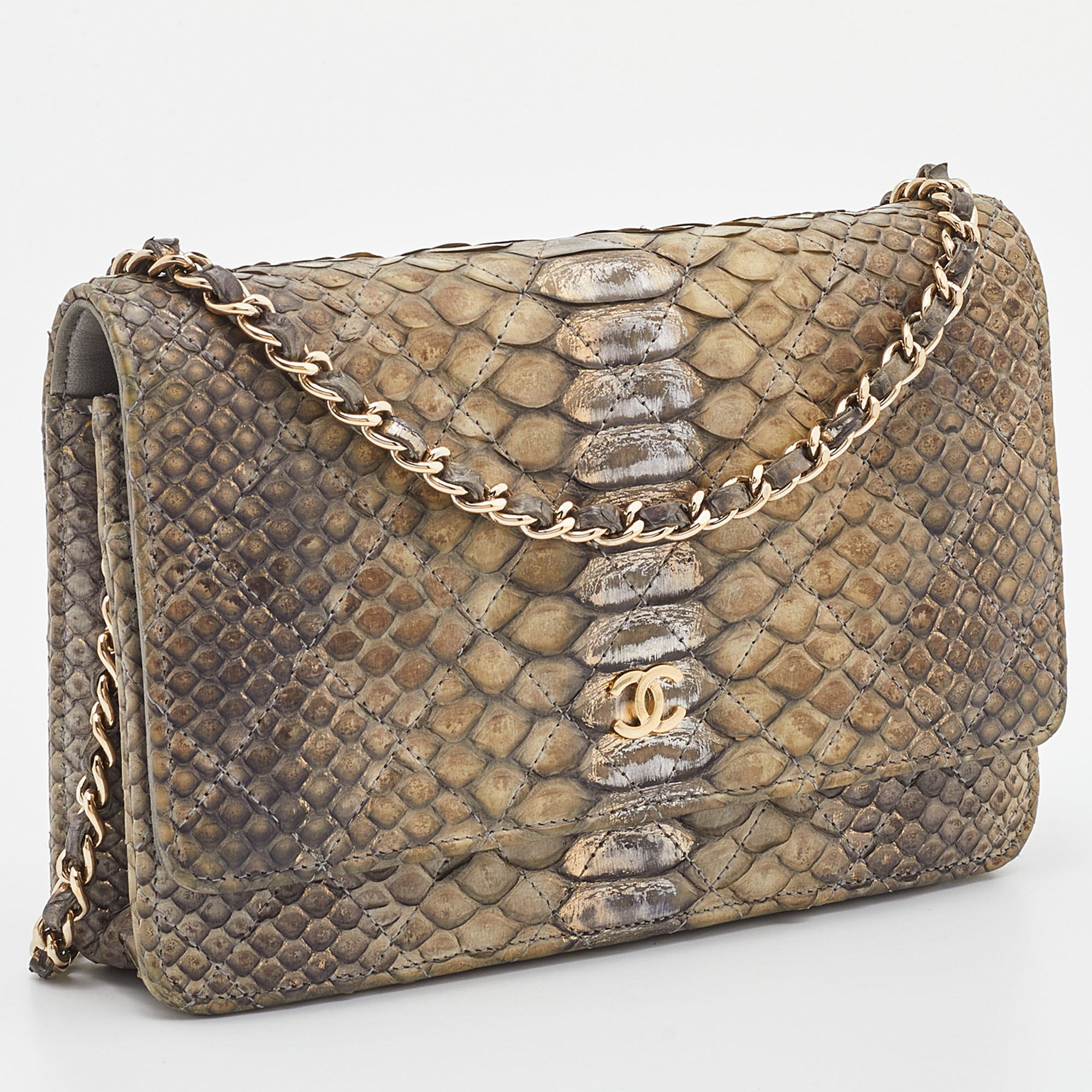 Chanel Grey/Metallic Python Classic Wallet On Chain