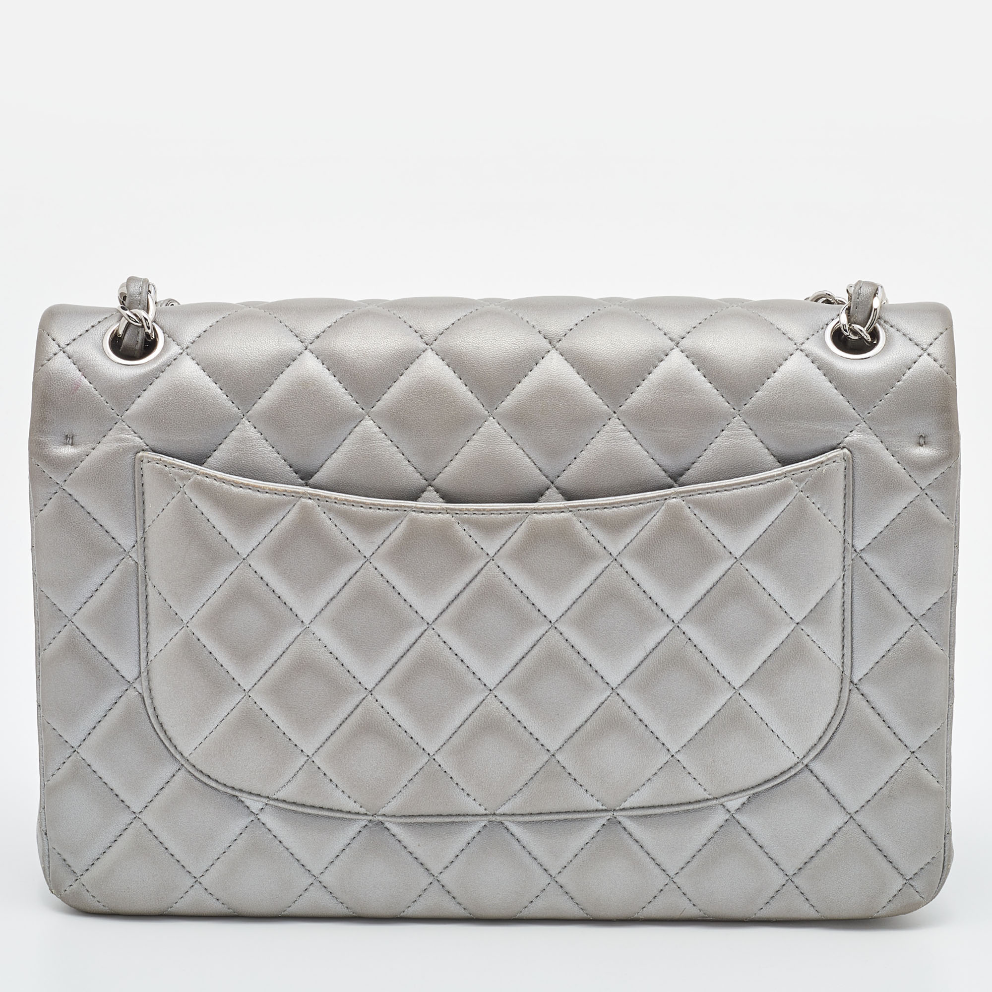Chanel Silver Quilted Lambskin Leather Jumbo Classic Double Flap Bag