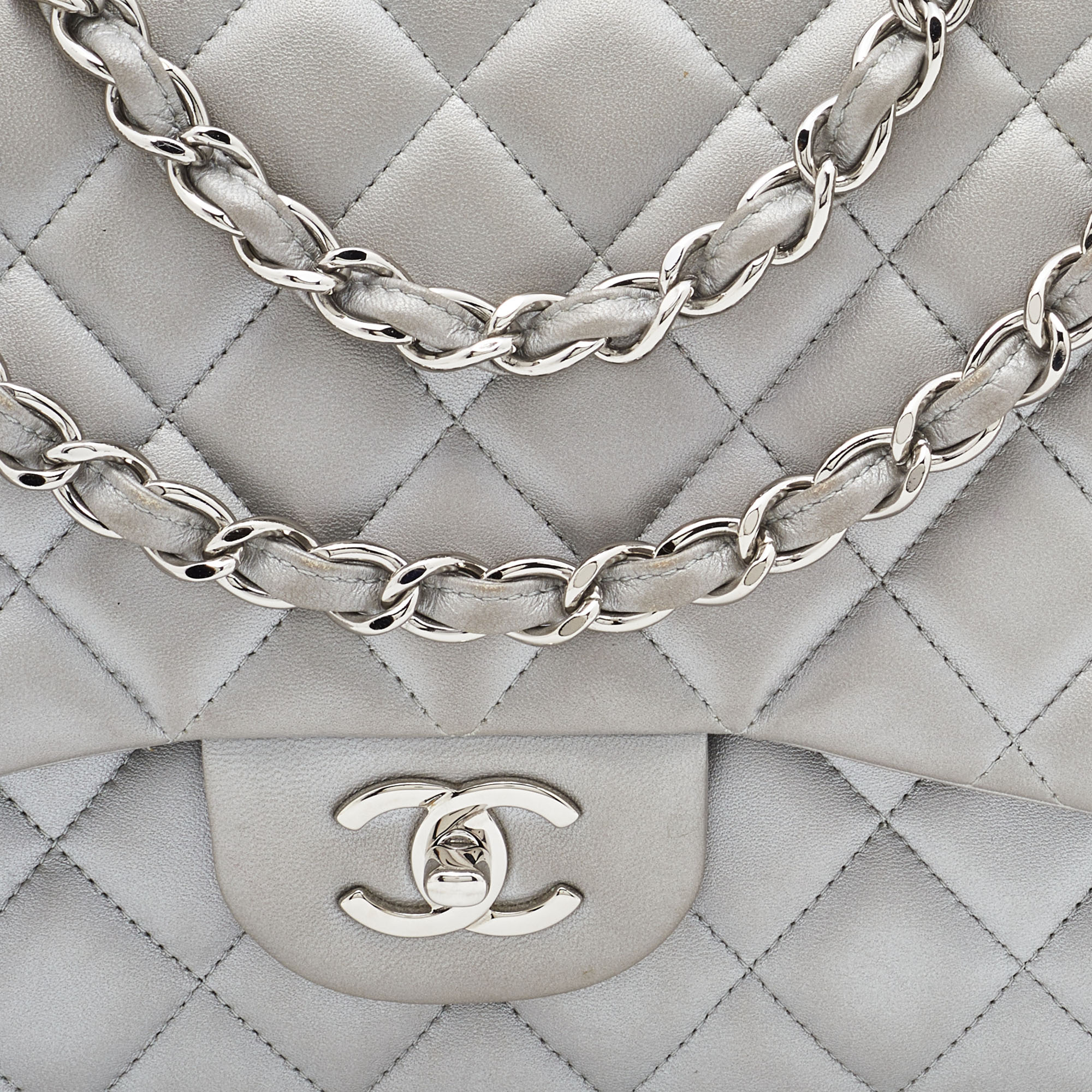 Chanel Silver Quilted Lambskin Leather Jumbo Classic Double Flap Bag