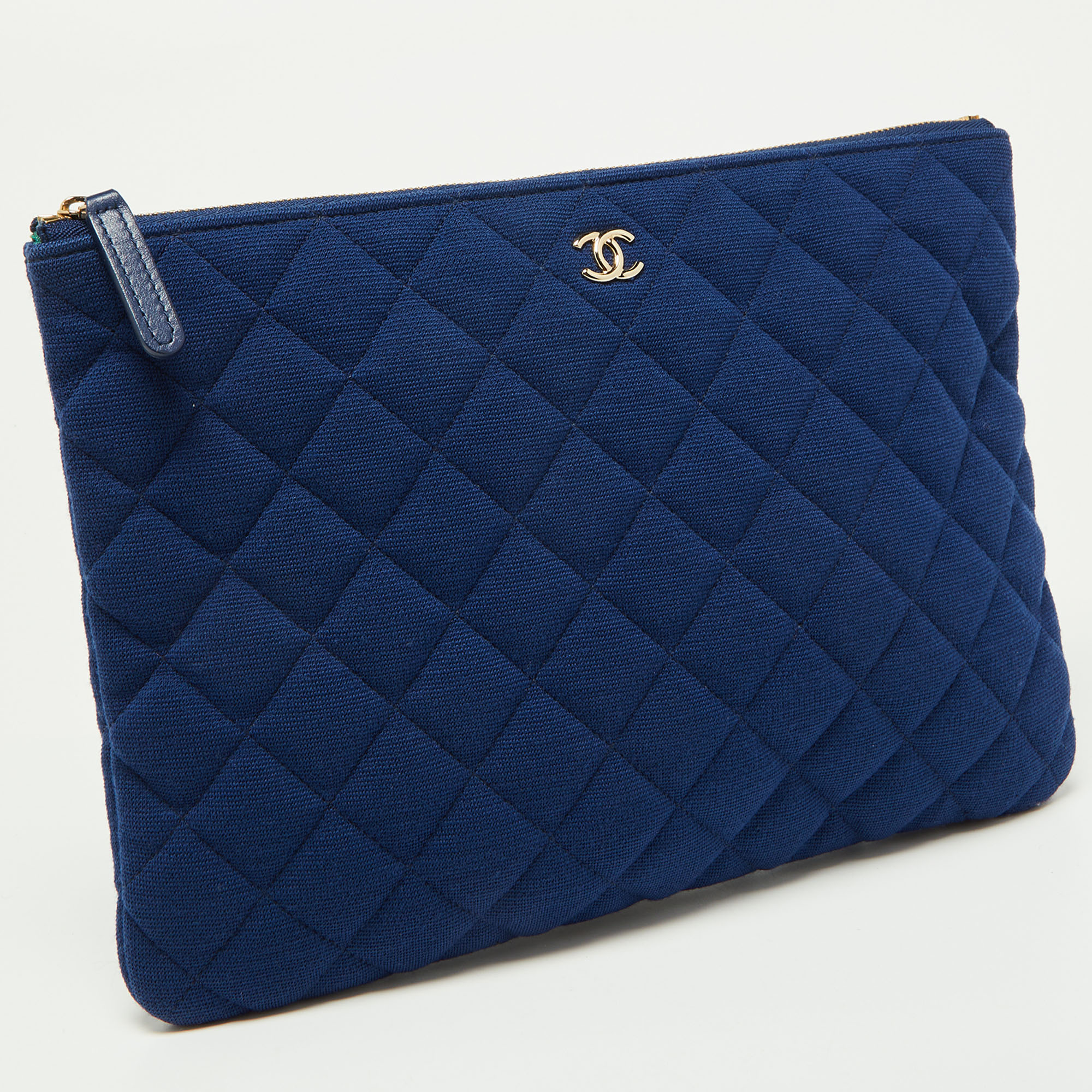 Chanel Blue Quilted Jersey Medium O Case Clutch