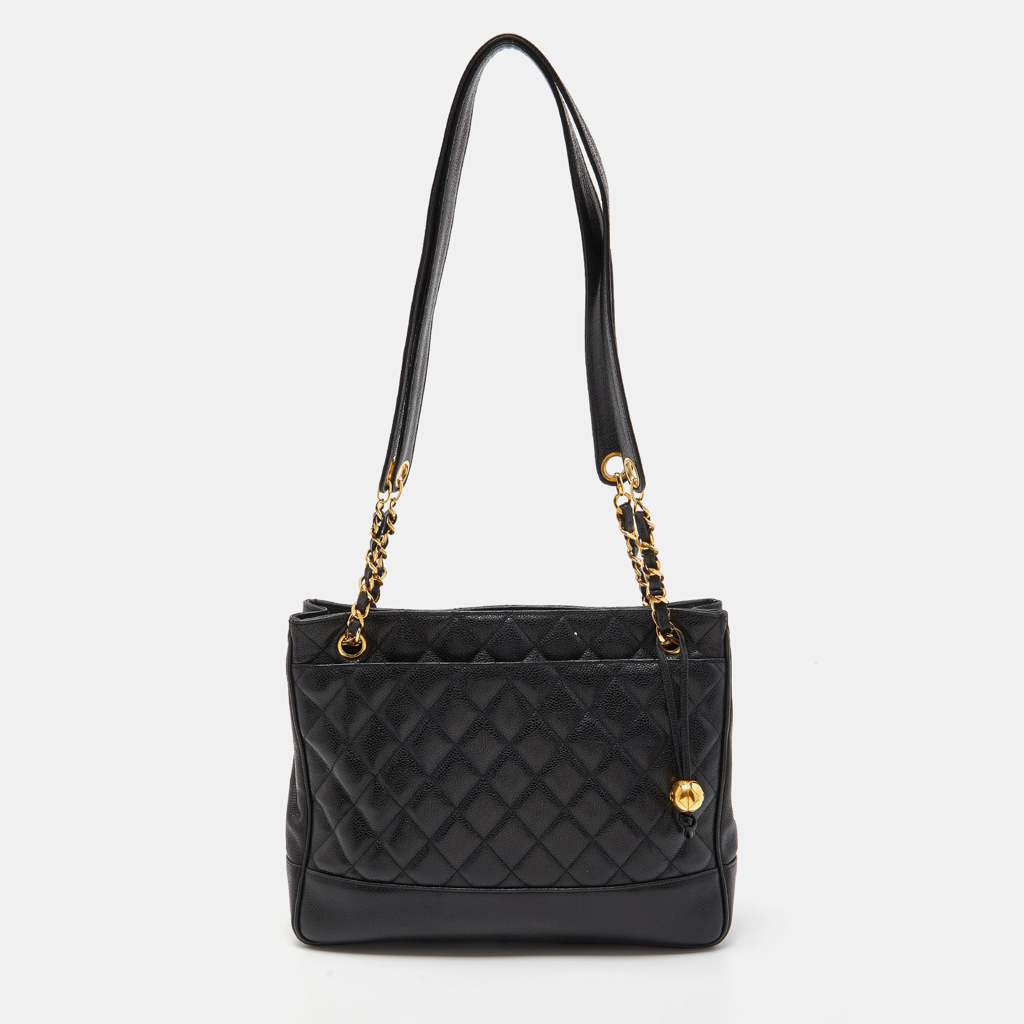 Chanel black quilted caviar leather vintage shopper tote