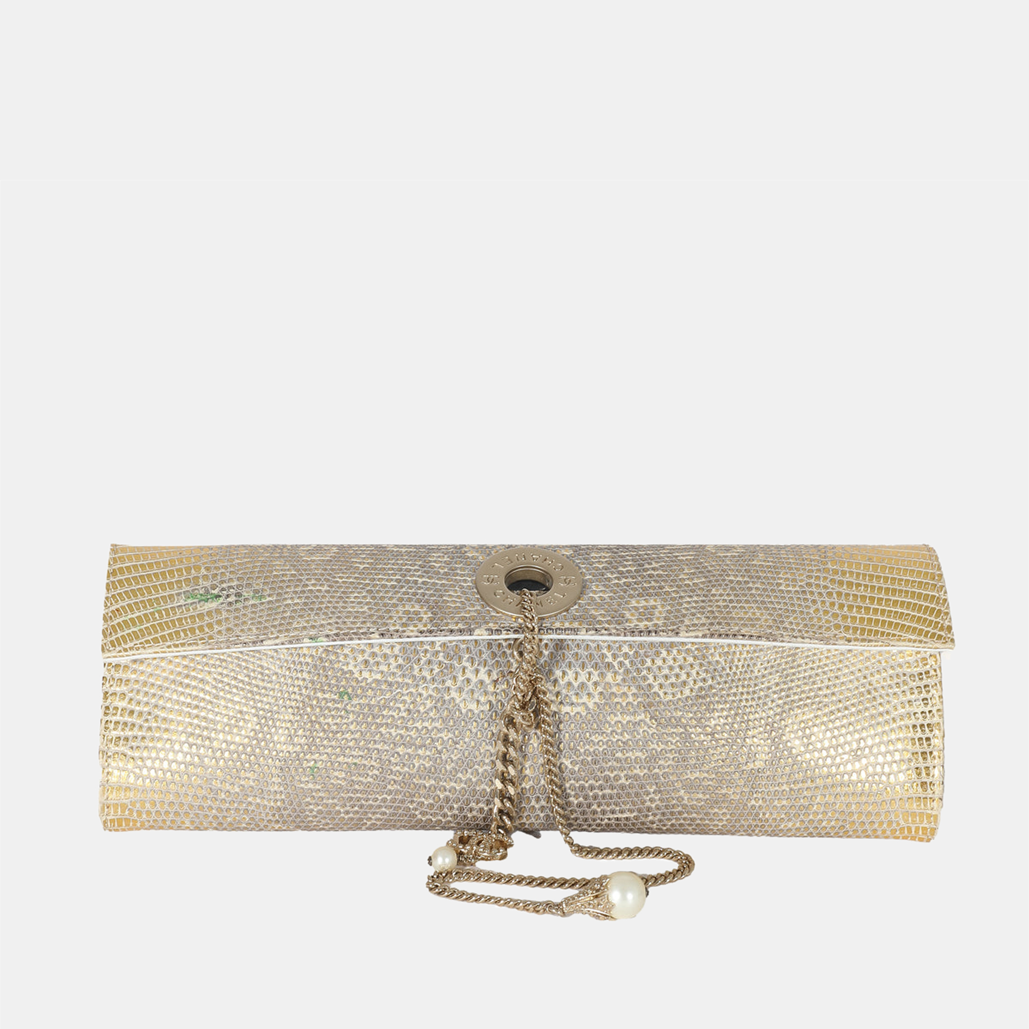 Chanel vintage gold lizard tube flap clutch