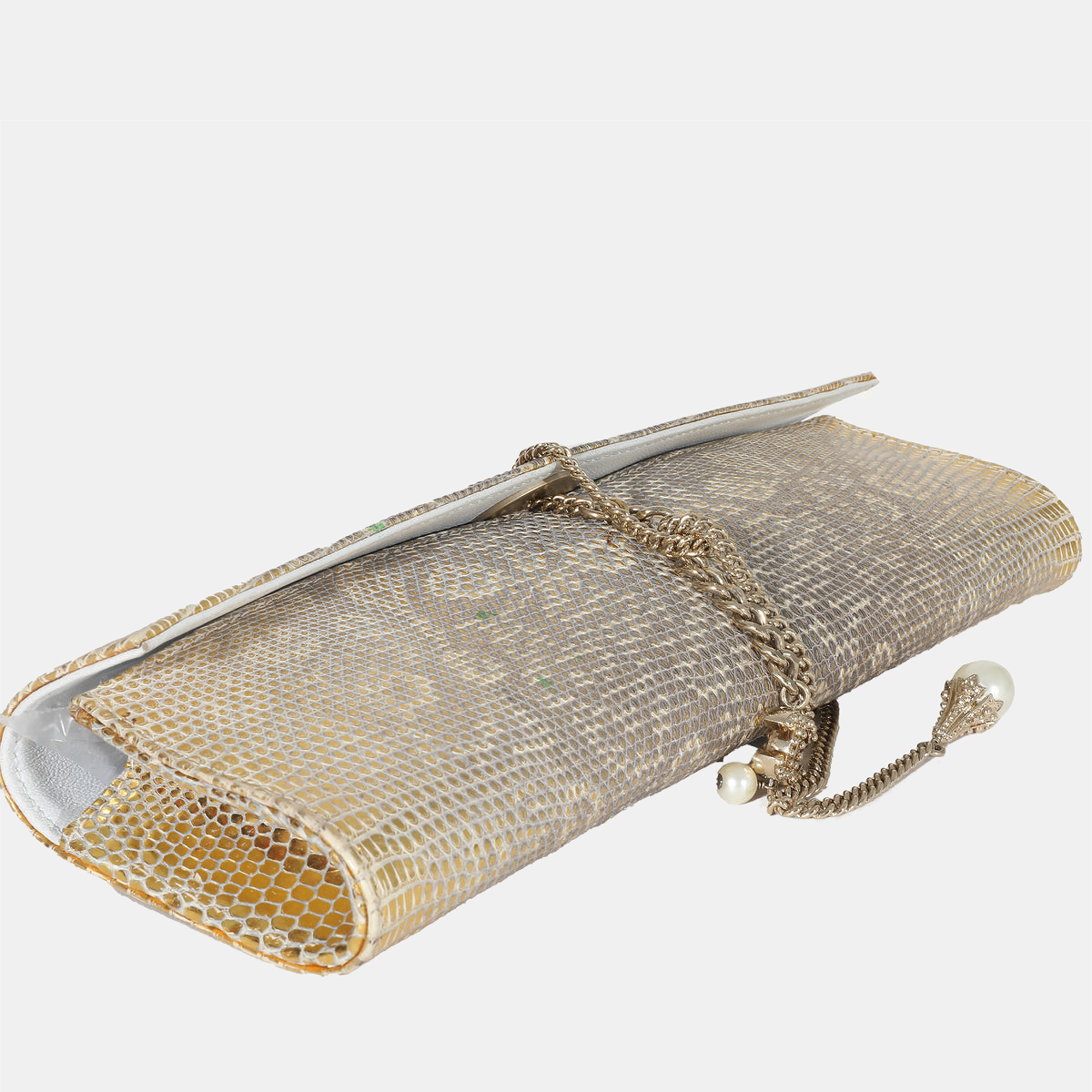 Chanel Vintage Gold Lizard Tube Flap Clutch