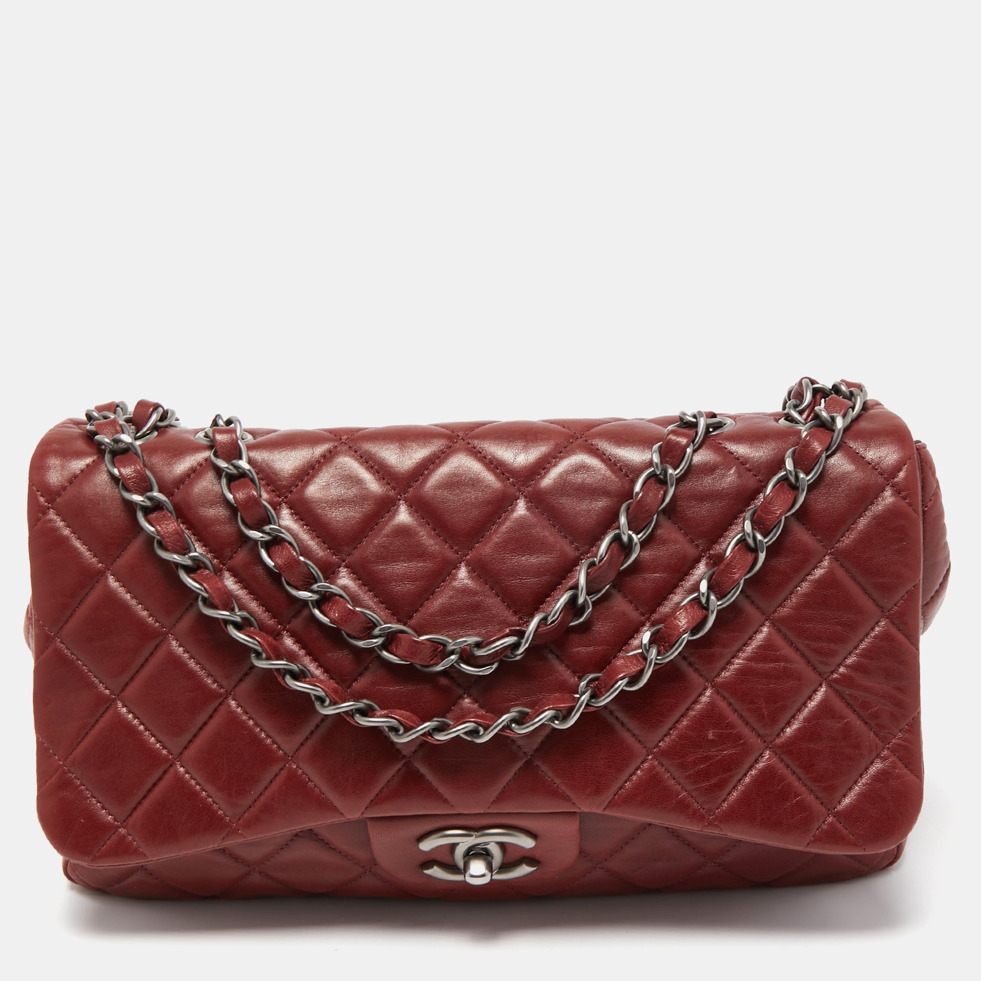 Chanel red quilted leather jumbo classic single flap bag