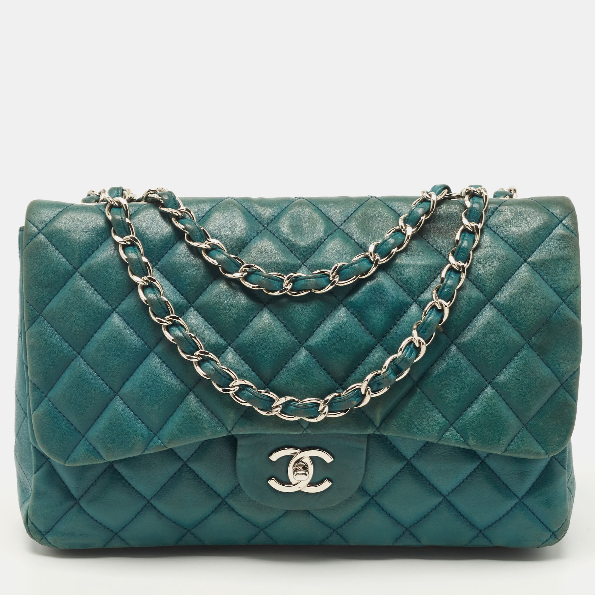 Chanel Teal Green Quilted Leather Jumbo Classic Single Flap Bag