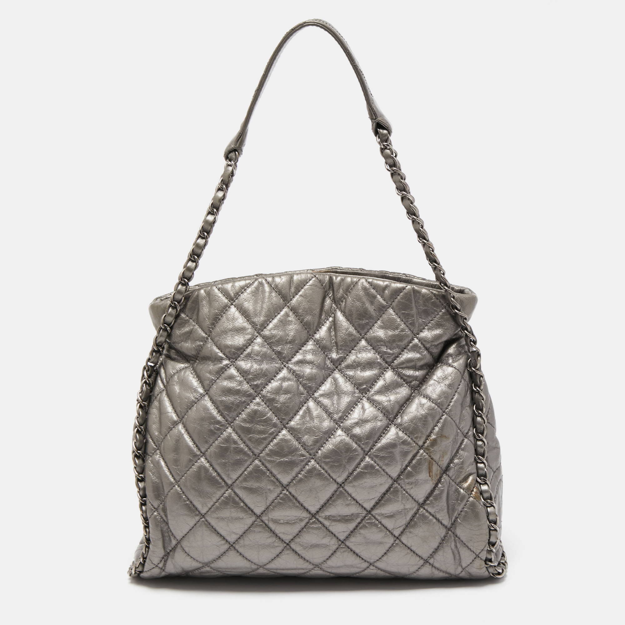 Chanel Grey Quilted Leather Chain Me Hobo