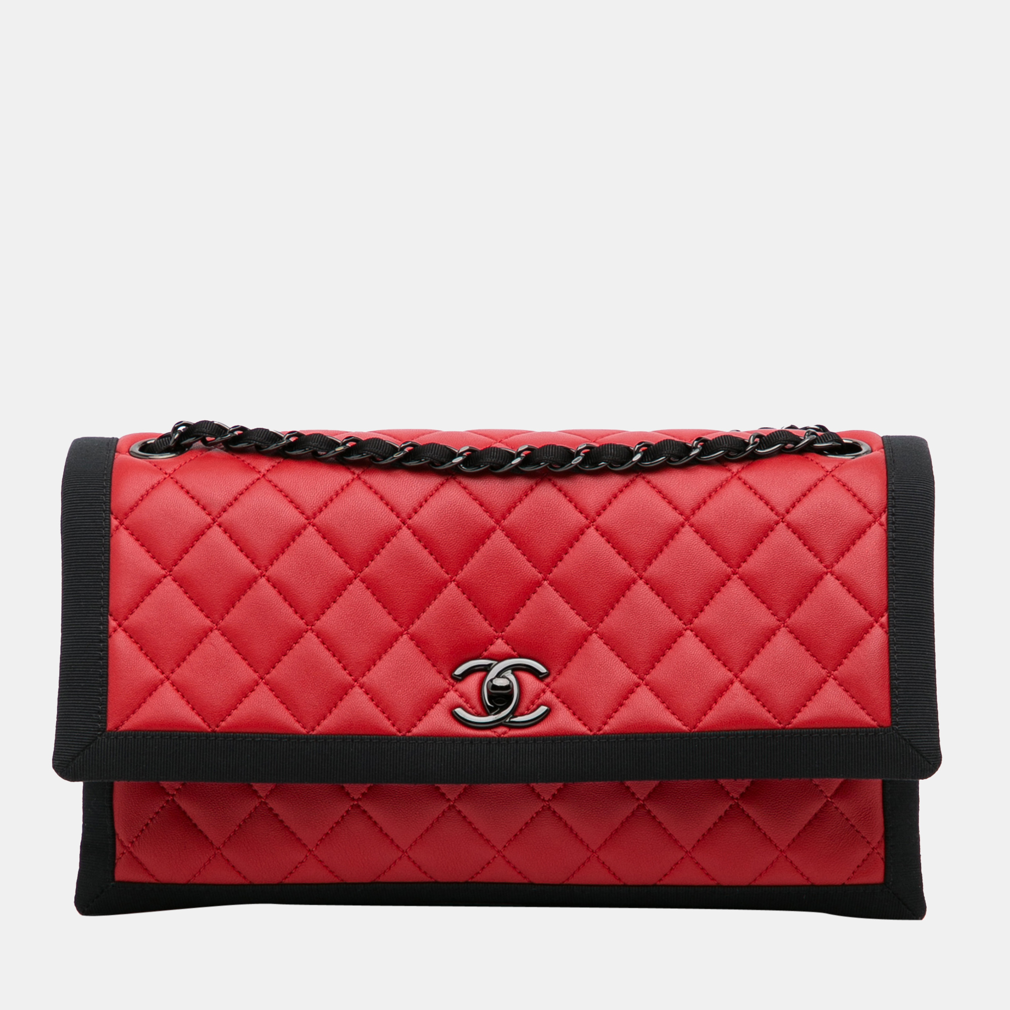 Chanel Black Red Medium Quilted Lambskin Grosgrain Two Tone Flap Bag