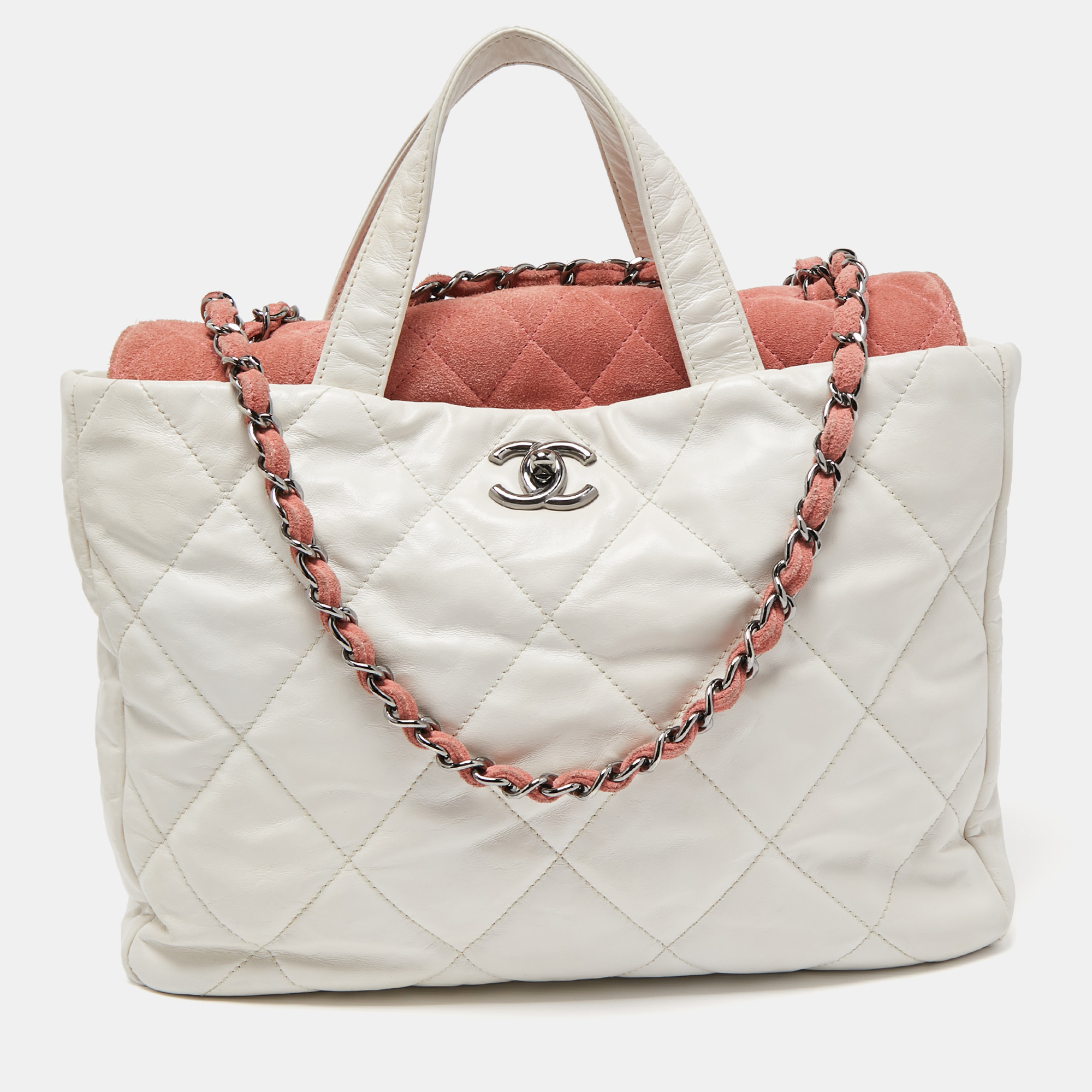 Chanel White/Pink Quilted Leather And Suede Portobello Tote