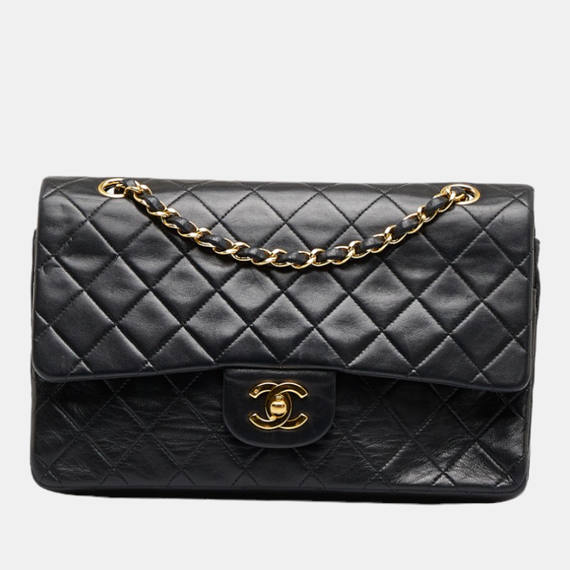 Chanel black leather medium classic double flap shoulder bag